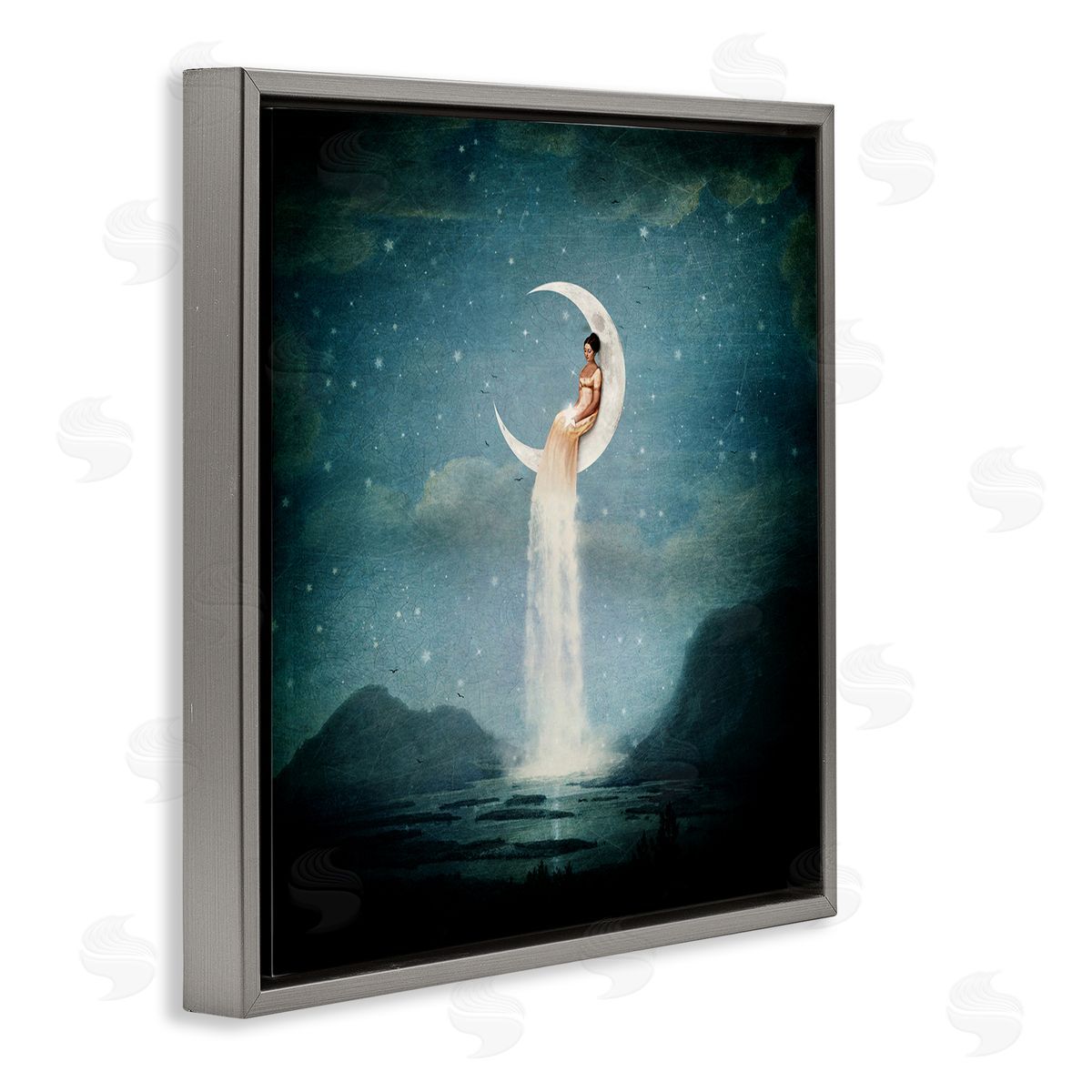 Paula Belle Flores Mountainous Ocean Landscape Moon Dress Waterfall Gray Floating Frame Canvas Wall Art Print