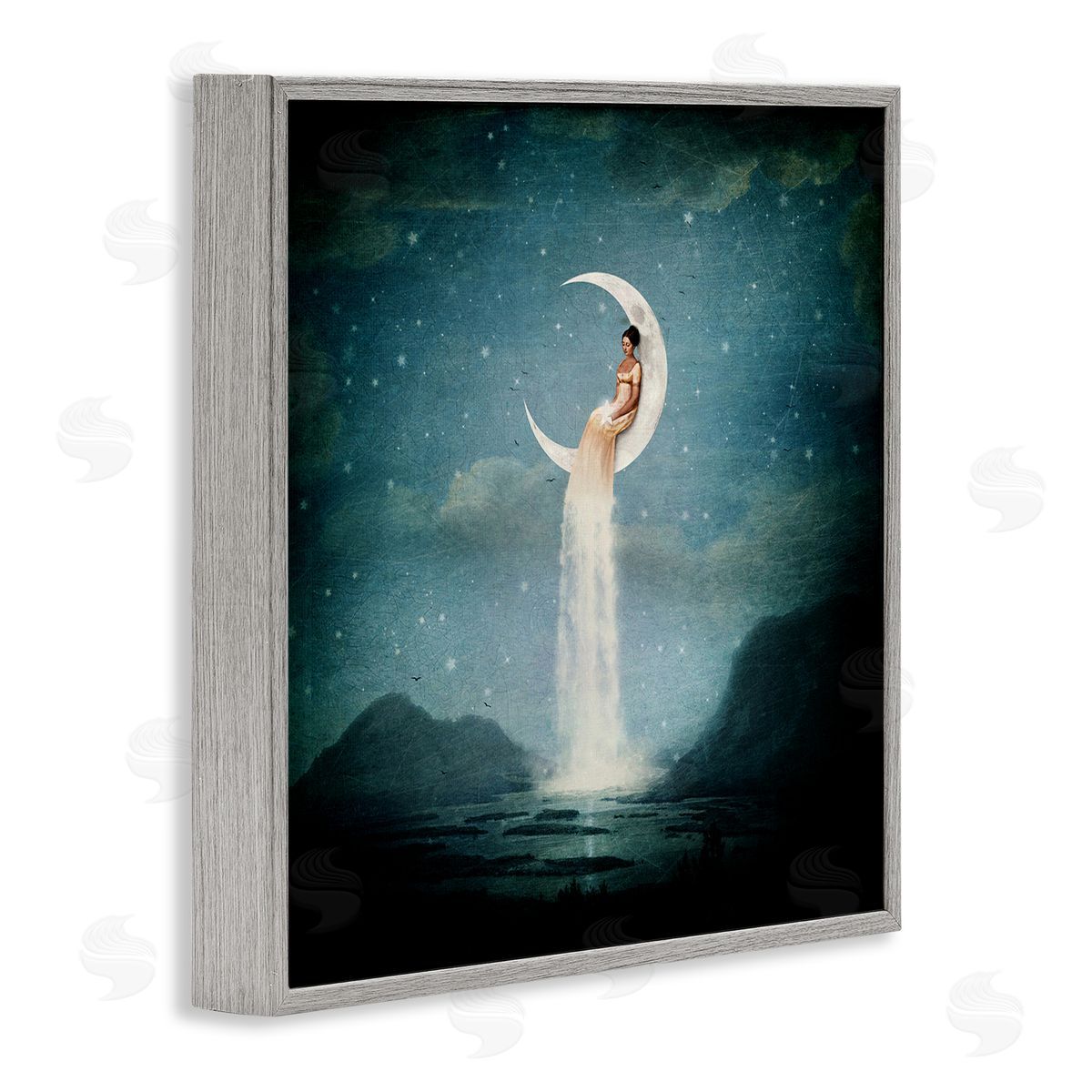 Paula Belle Flores Mountainous Ocean Landscape Moon Dress Waterfall Gray Framed Glicee Wall Art Print
