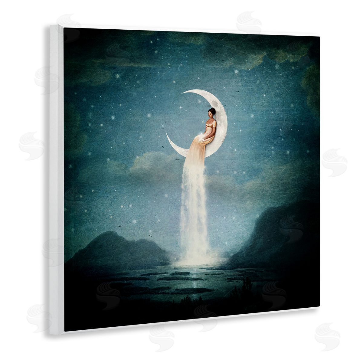 Paula Belle Flores Mountainous Ocean Landscape Moon Dress Waterfall Wooden Wall Plaque Art Print