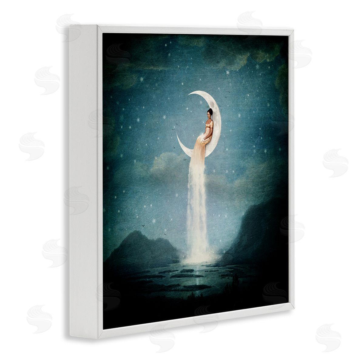 Paula Belle Flores Mountainous Ocean Landscape Moon Dress Waterfall White Framed Glicee Wall Art Print