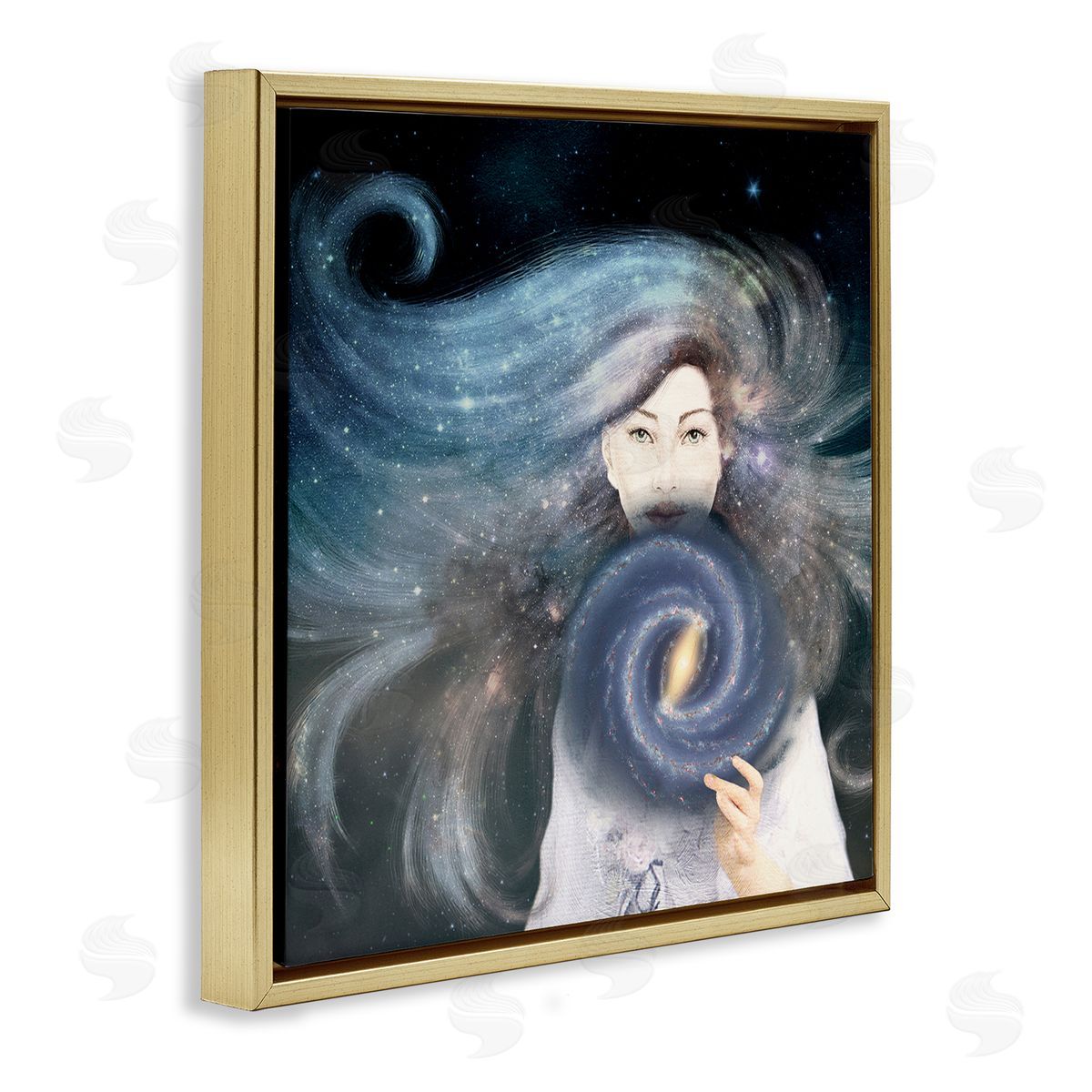 Paula Belle Flores Galaxy Woman Nebula Hair Purple Starry Universe  Gold Floating Frame Canvas Wall Art Print