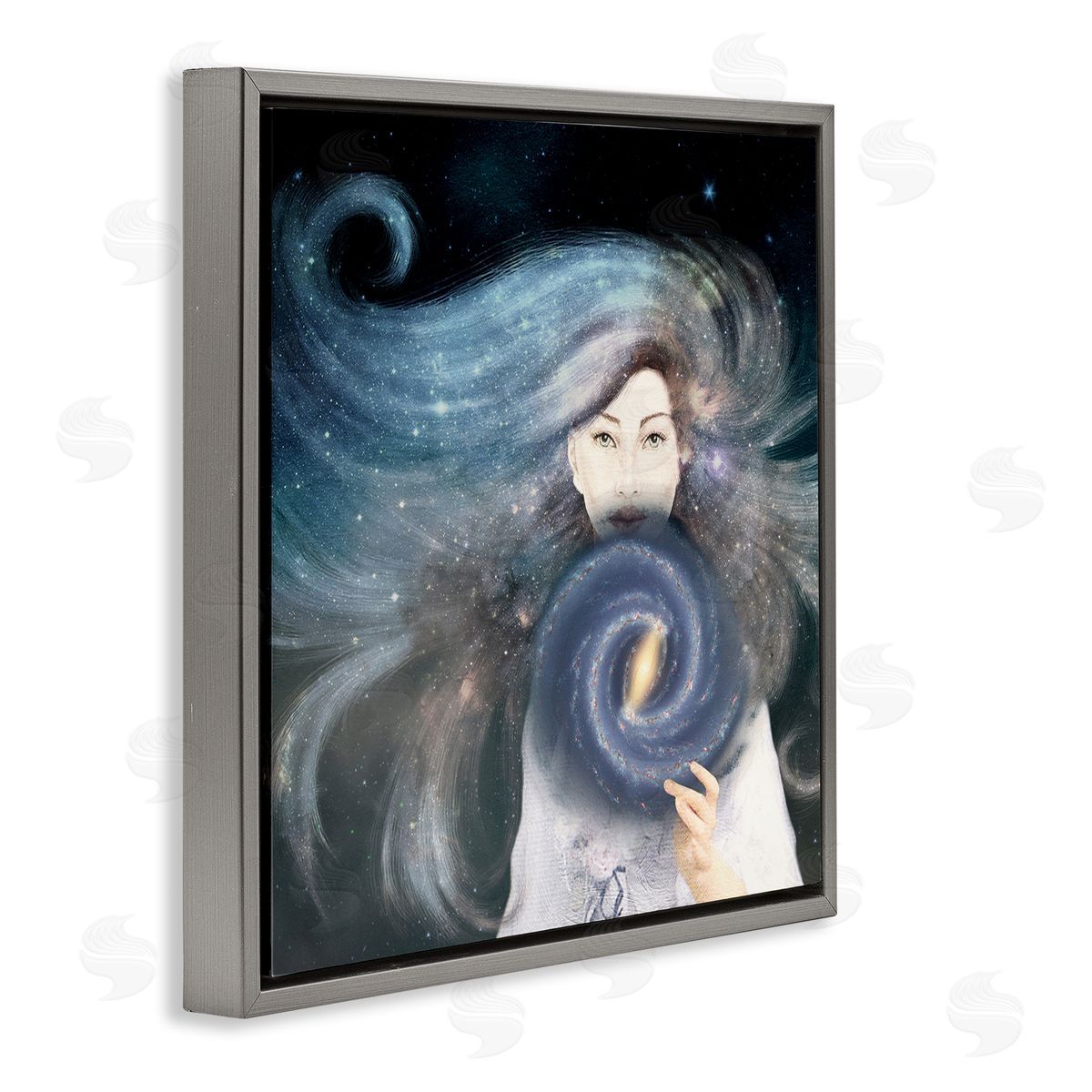 Paula Belle Flores Galaxy Woman Nebula Hair Purple Starry Universe  Gray Floating Frame Canvas Wall Art Print