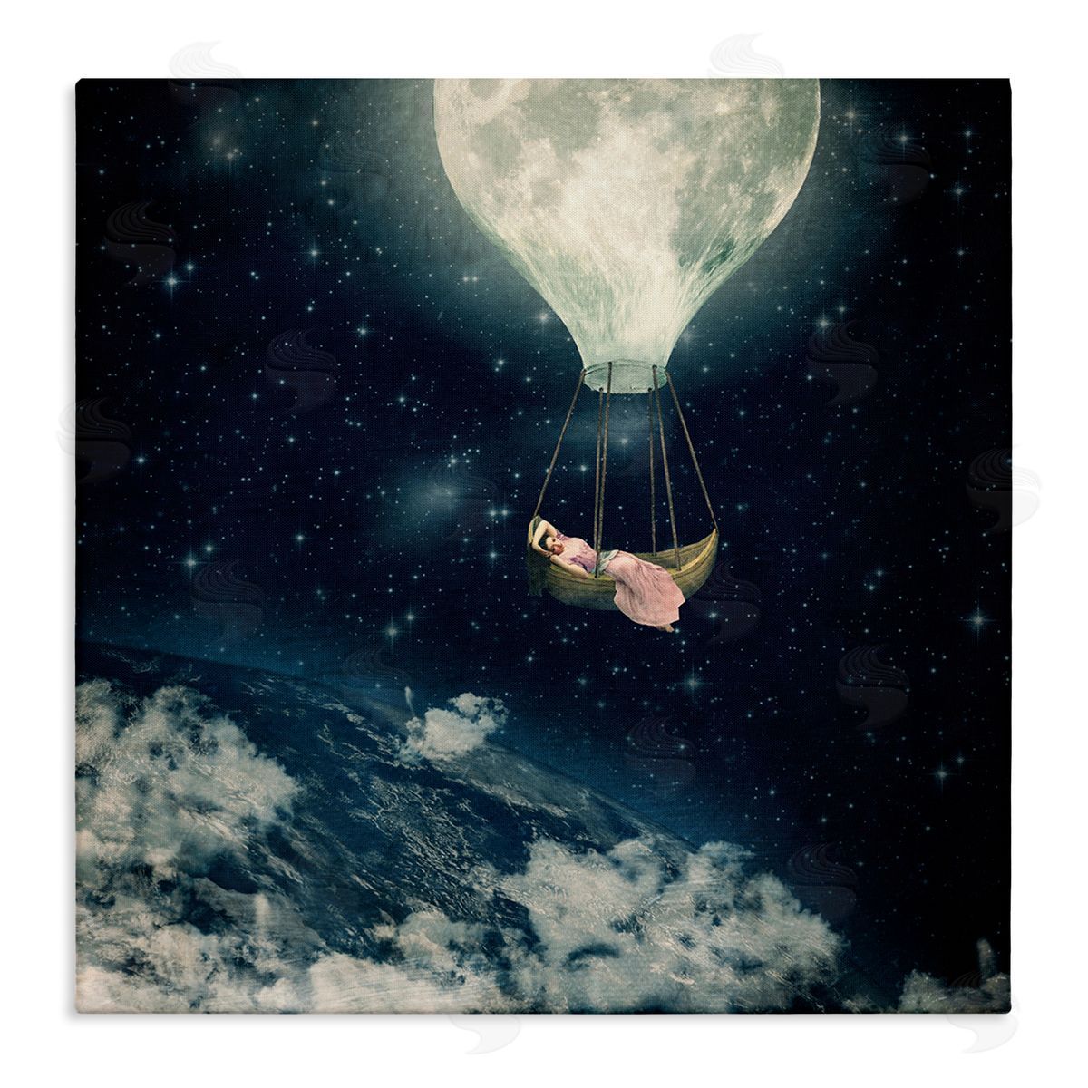Paula Belle Flores Dreamlike Moon Balloon Galactic Outer Space Clouds  Stretched Canvas Wall Art Print