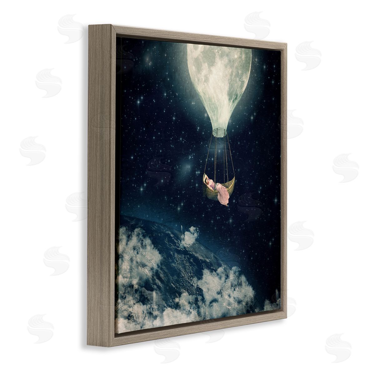Paula Belle Flores Dreamlike Moon Balloon Galactic Outer Space Clouds  Brown Floating Frame Canvas Wall Art Print