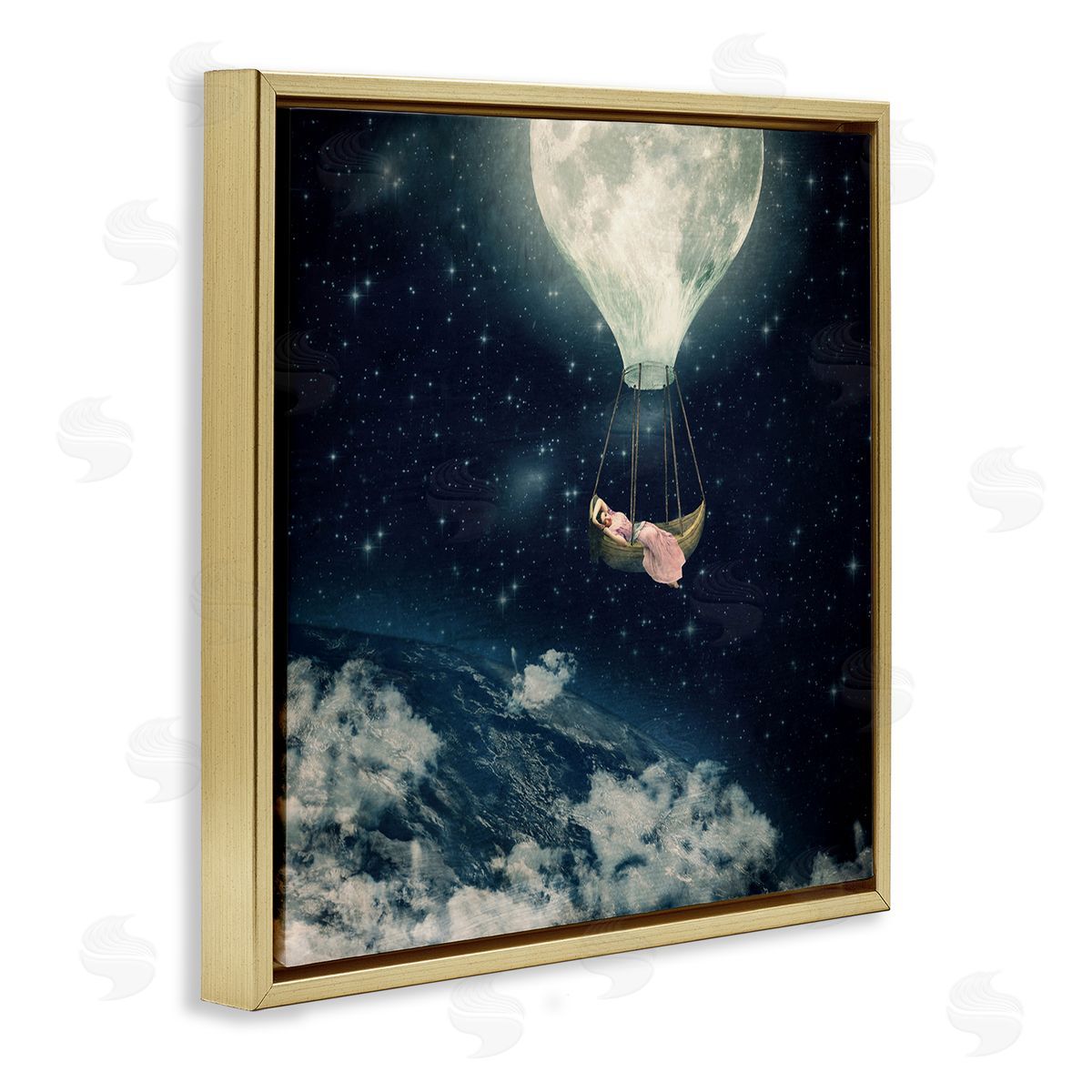 Paula Belle Flores Dreamlike Moon Balloon Galactic Outer Space Clouds  Gold Floating Frame Canvas Wall Art Print