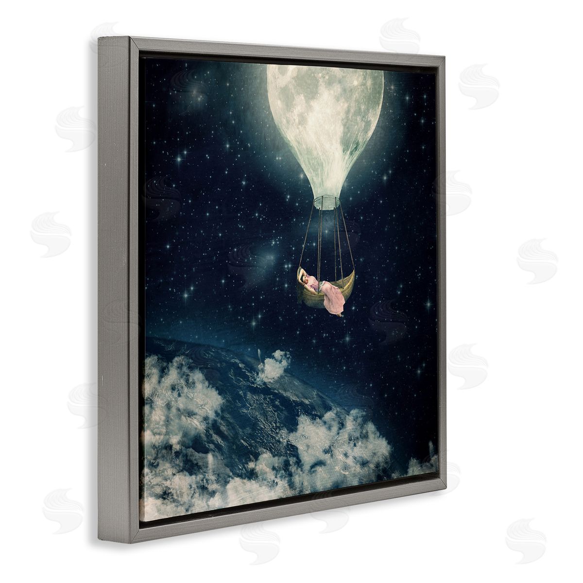 Paula Belle Flores Dreamlike Moon Balloon Galactic Outer Space Clouds  Gray Floating Frame Canvas Wall Art Print