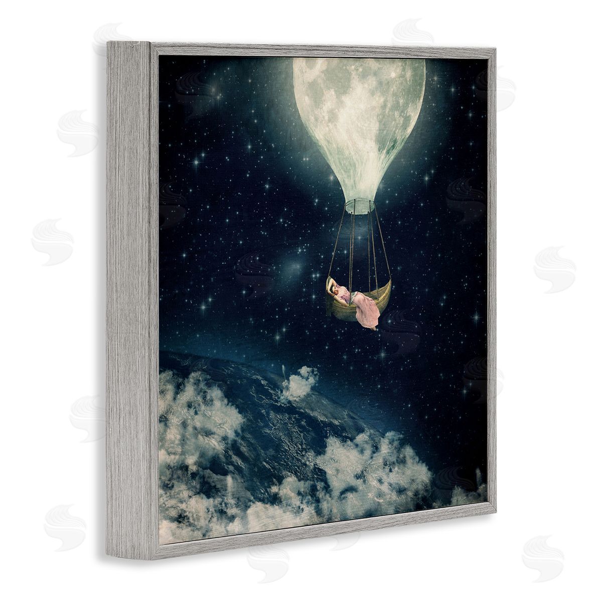 Paula Belle Flores Dreamlike Moon Balloon Galactic Outer Space Clouds  Gray Framed Glicee Wall Art Print