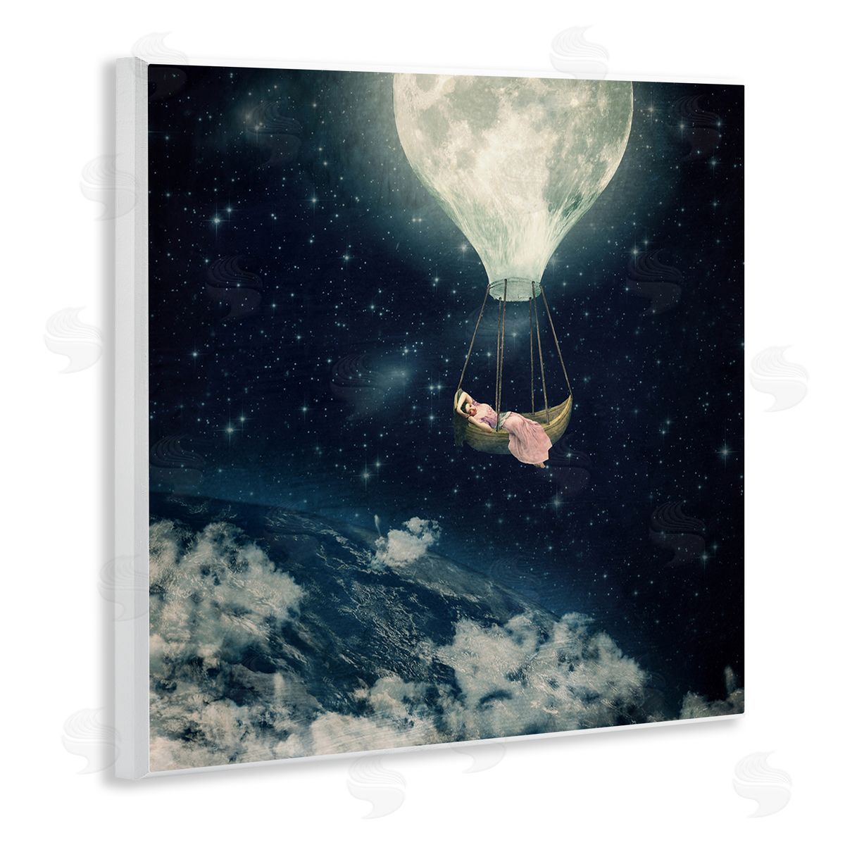 Paula Belle Flores Dreamlike Moon Balloon Galactic Outer Space Clouds  Wooden Wall Plaque Art Print