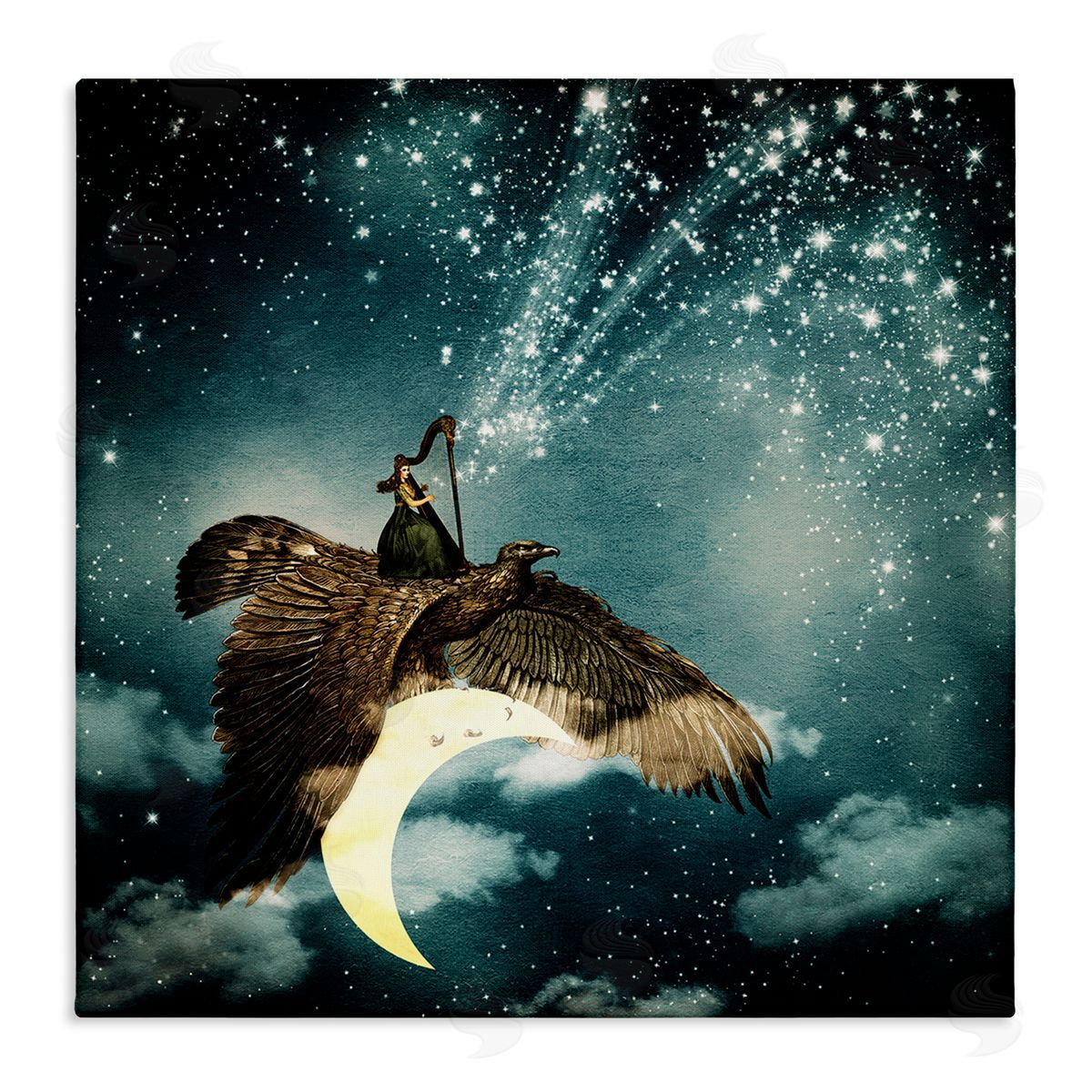 Paula Belle Flores Dreamy Surreal Bird Flying Moon Harp Galaxy Stars  Stretched Canvas Wall Art Print