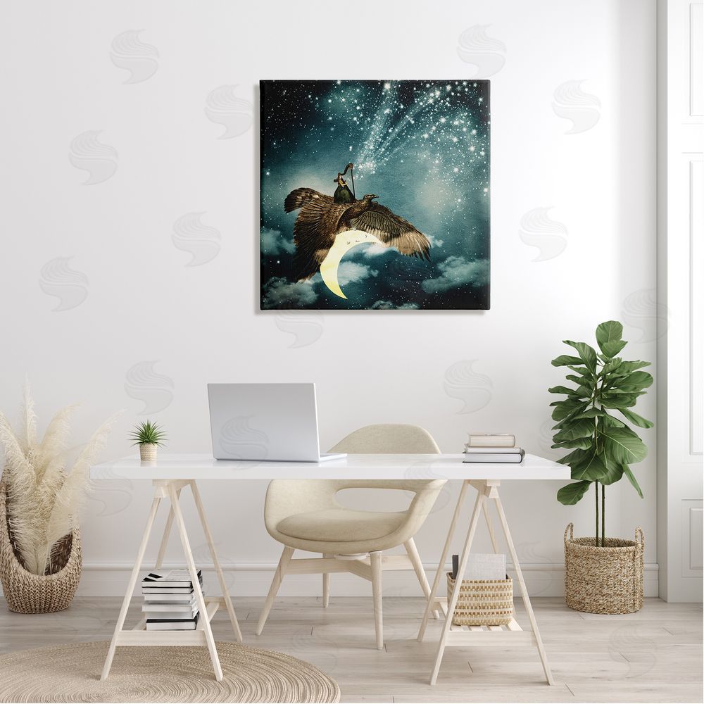 Paula Belle Flores Dreamy Surreal Bird Flying Moon Harp Galaxy Stars  Canvas Wall Art in Room