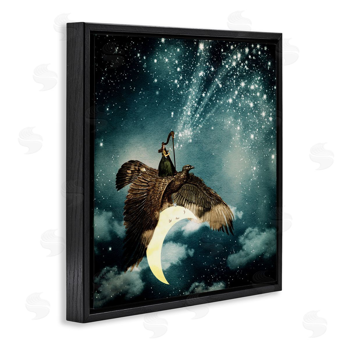Paula Belle Flores Dreamy Surreal Bird Flying Moon Harp Galaxy Stars  Black Floating Frame Canvas Wall Art Print