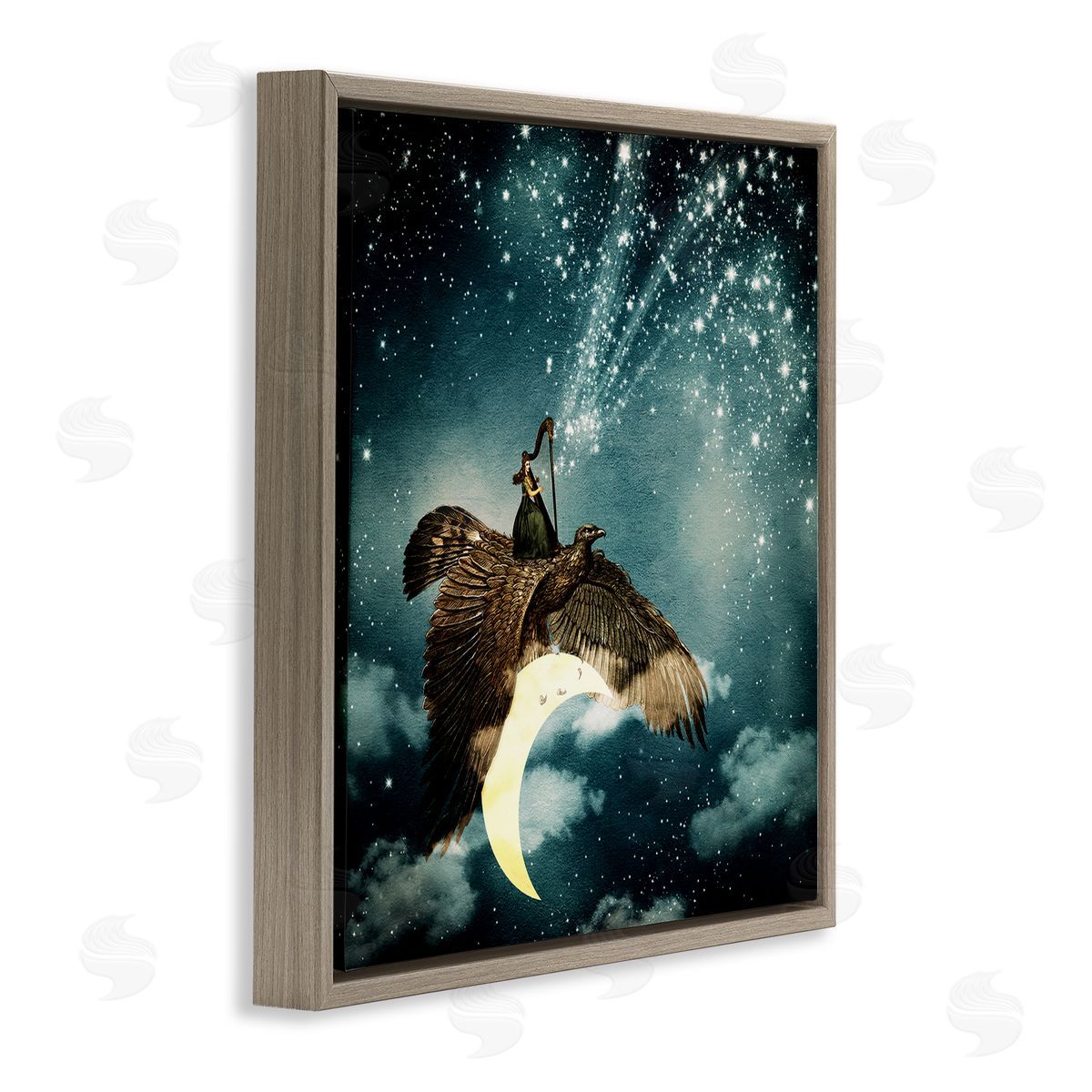 Paula Belle Flores Dreamy Surreal Bird Flying Moon Harp Galaxy Stars  Brown Floating Frame Canvas Wall Art Print