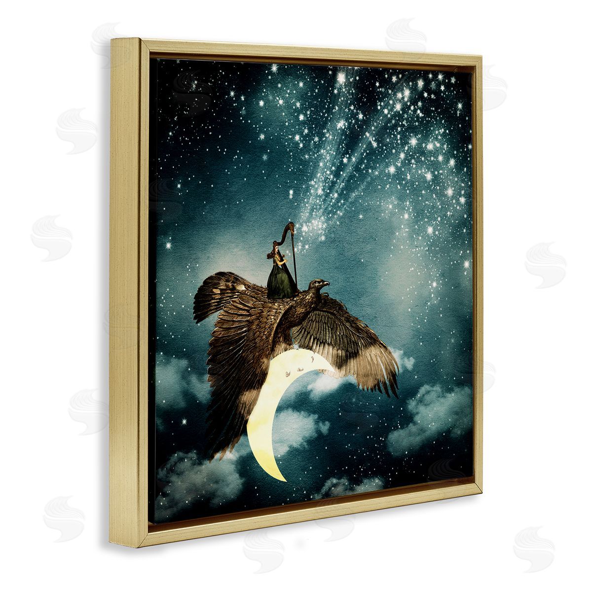 Paula Belle Flores Dreamy Surreal Bird Flying Moon Harp Galaxy Stars  Gold Floating Frame Canvas Wall Art Print