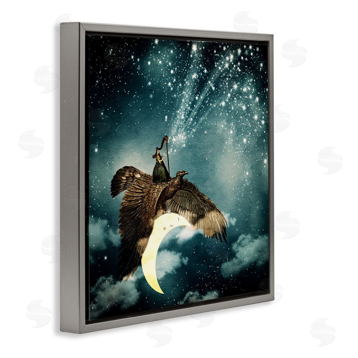 Paula Belle Flores Dreamy Surreal Bird Flying Moon Harp Galaxy Stars  Gray Floating Frame Canvas Wall Art Print