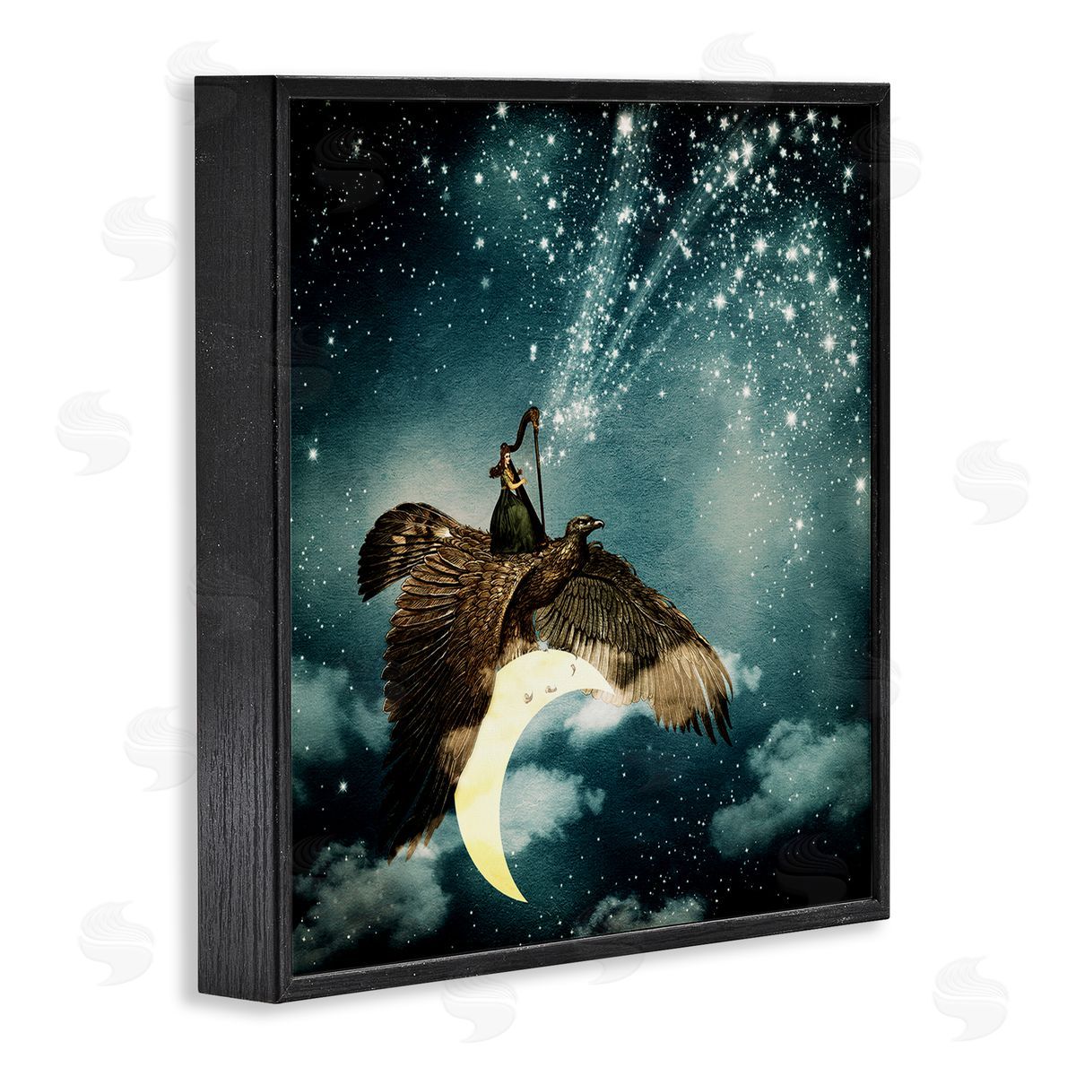 Paula Belle Flores Dreamy Surreal Bird Flying Moon Harp Galaxy Stars  Black Framed Glicee Wall Art Print
