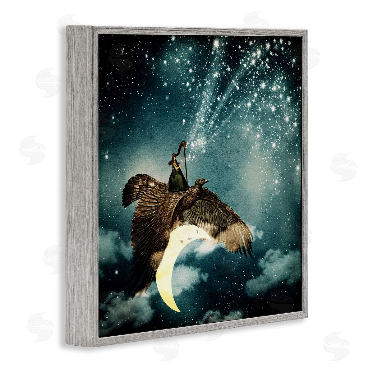Paula Belle Flores Dreamy Surreal Bird Flying Moon Harp Galaxy Stars  Gray Framed Glicee Wall Art Print