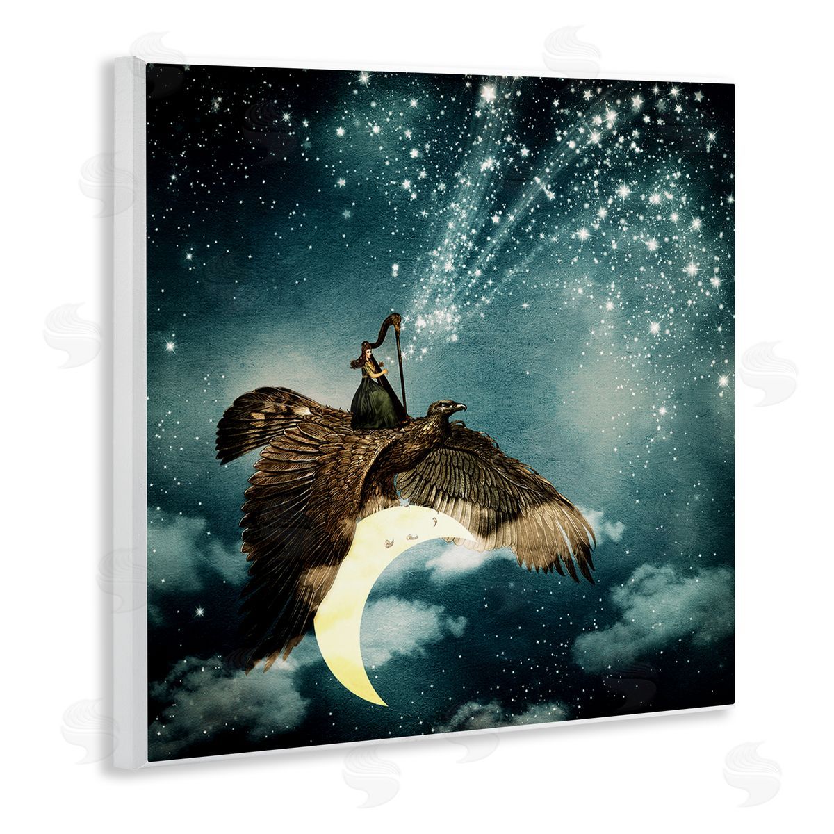 Paula Belle Flores Dreamy Surreal Bird Flying Moon Harp Galaxy Stars  Wooden Wall Plaque Art Print