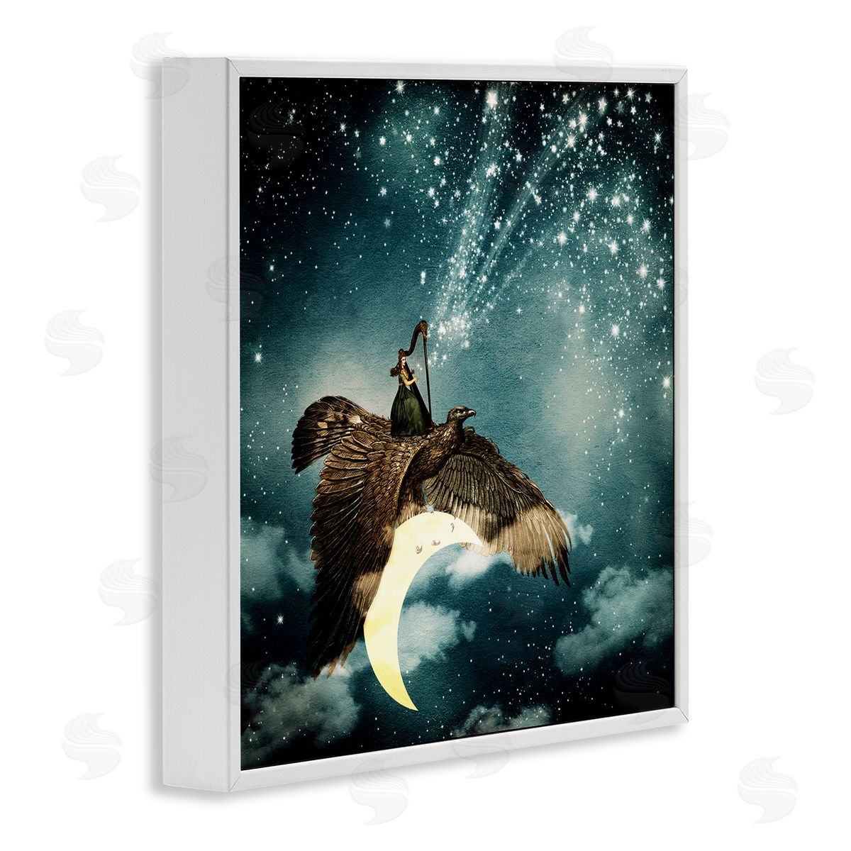 Paula Belle Flores Dreamy Surreal Bird Flying Moon Harp Galaxy Stars  White Framed Glicee Wall Art Print