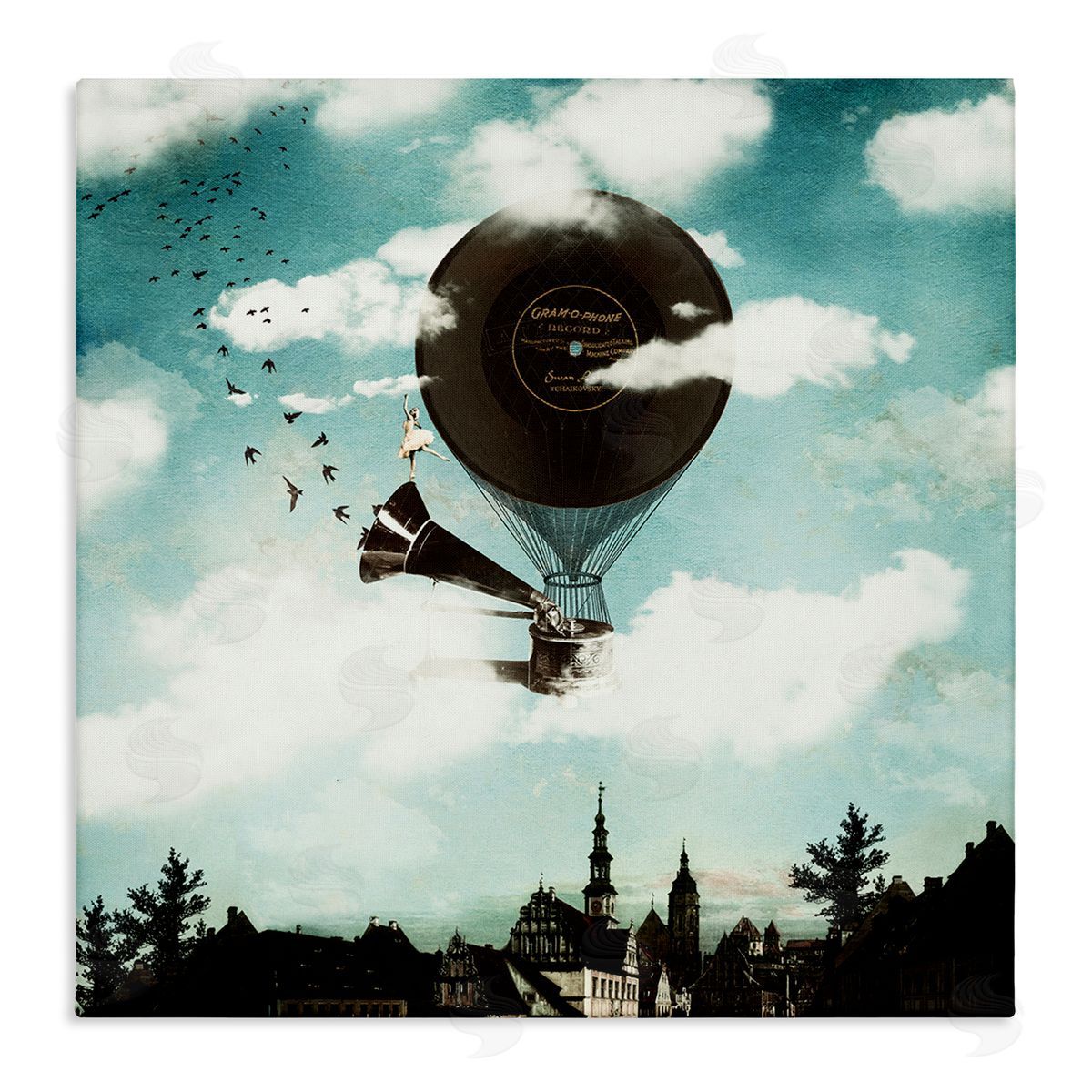 stupell industries Paula Belle Flores | Serene Gramophone Flying Birds Clouds City Buildings Wall Art