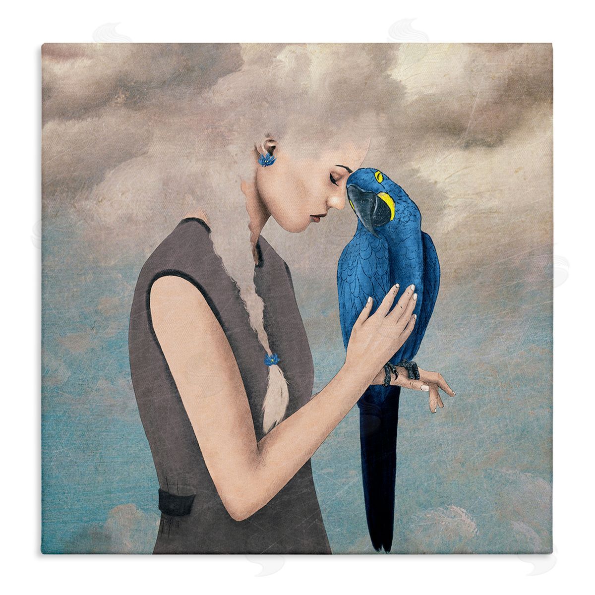 Paula Belle Flores Dreamy Cloud Hair Woman Vibrant Blue Parrot  Stretched Canvas Wall Art Print