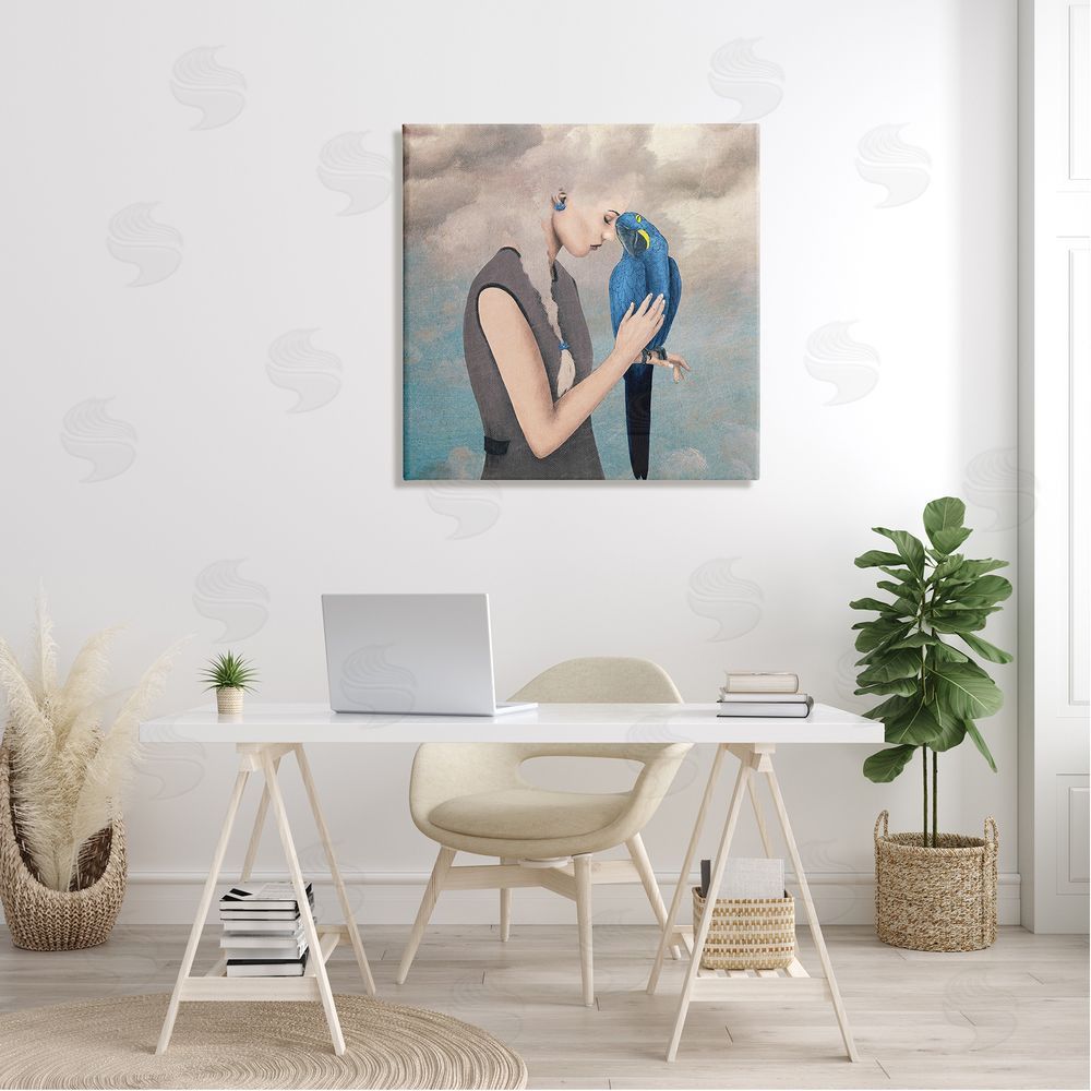 Paula Belle Flores Dreamy Cloud Hair Woman Vibrant Blue Parrot  Canvas Wall Art in Room