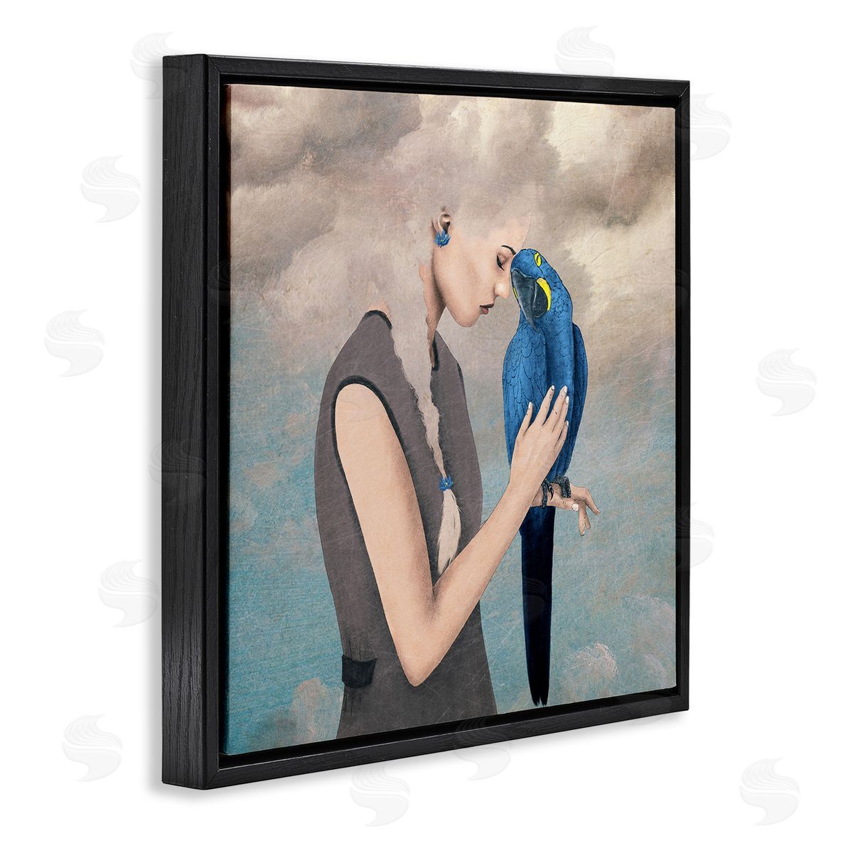 Paula Belle Flores Dreamy Cloud Hair Woman Vibrant Blue Parrot  Black Floating Frame Canvas Wall Art Print