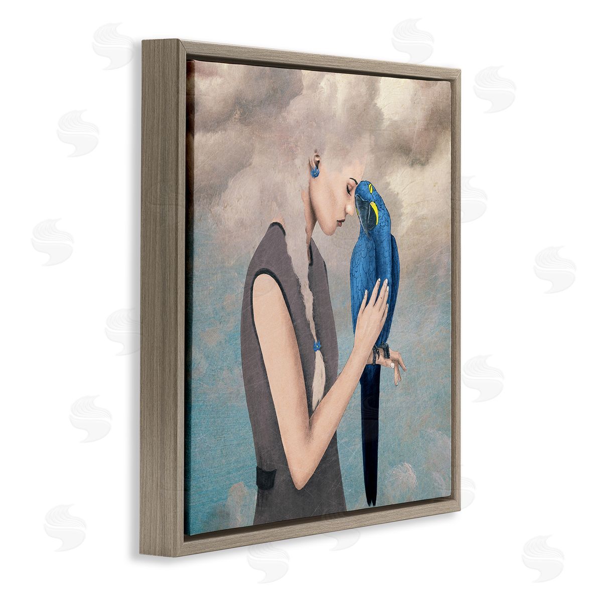 Paula Belle Flores Dreamy Cloud Hair Woman Vibrant Blue Parrot  Brown Floating Frame Canvas Wall Art Print