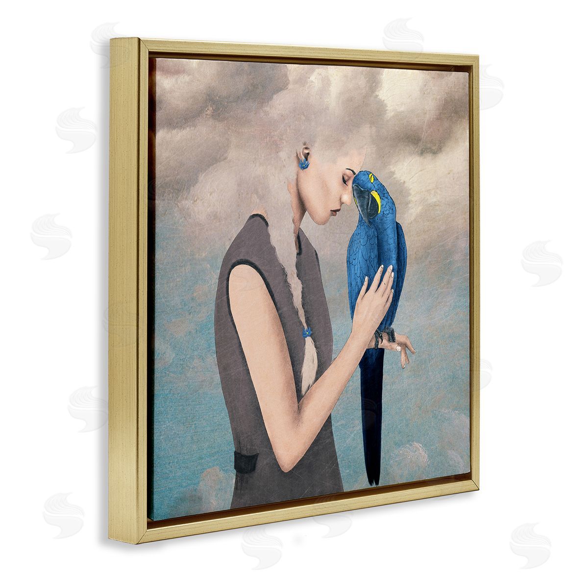 Paula Belle Flores Dreamy Cloud Hair Woman Vibrant Blue Parrot  Gold Floating Frame Canvas Wall Art Print