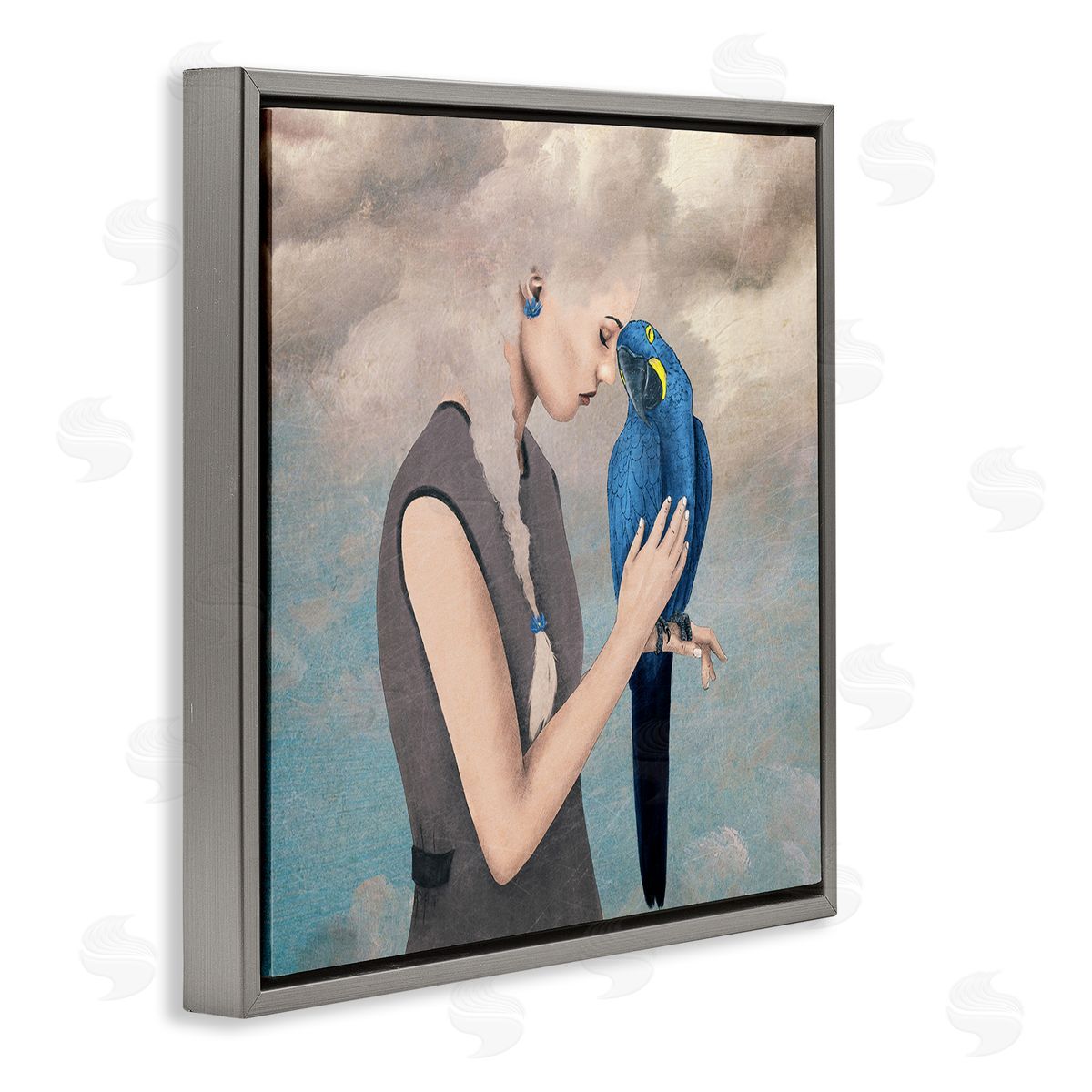 Paula Belle Flores Dreamy Cloud Hair Woman Vibrant Blue Parrot  Gray Floating Frame Canvas Wall Art Print