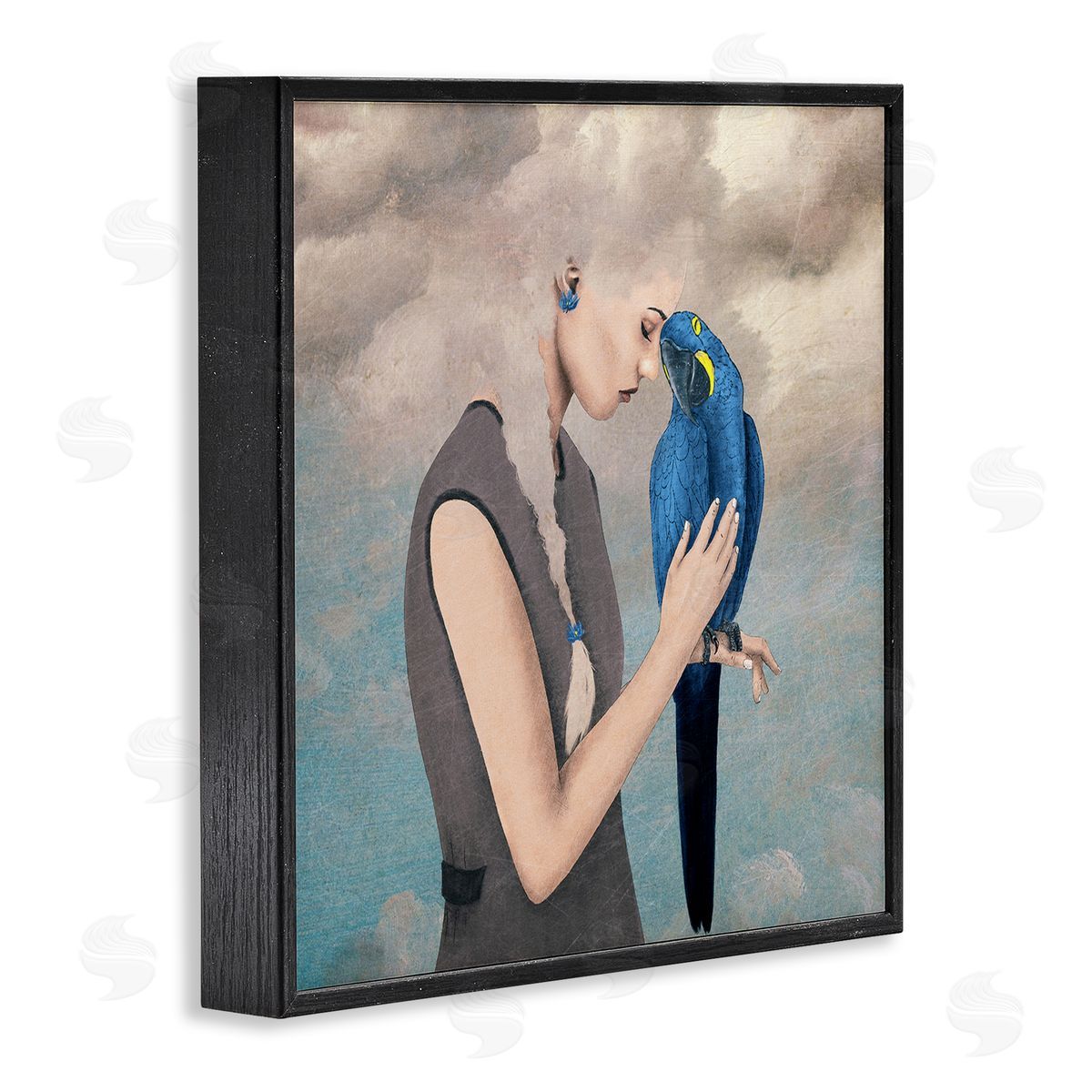 Paula Belle Flores Dreamy Cloud Hair Woman Vibrant Blue Parrot  Black Framed Glicee Wall Art Print