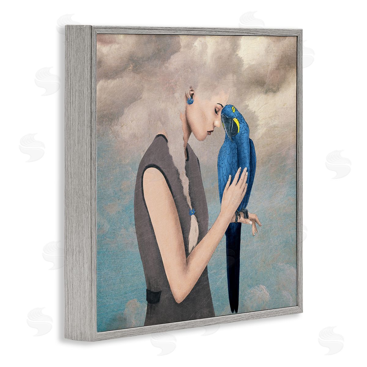 Paula Belle Flores Dreamy Cloud Hair Woman Vibrant Blue Parrot  Gray Framed Glicee Wall Art Print