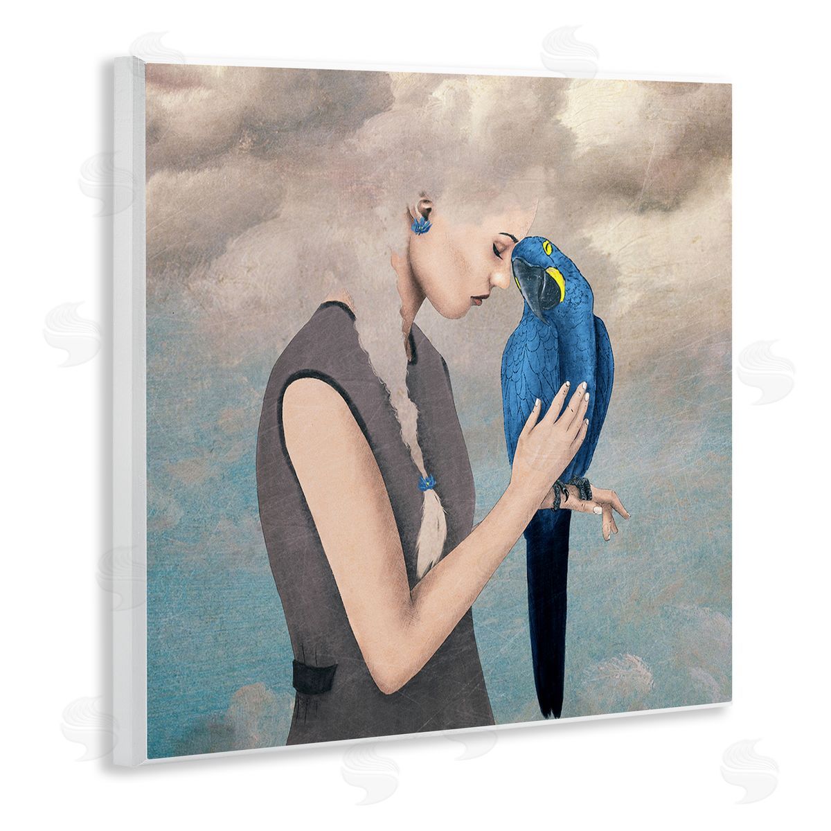 Paula Belle Flores Dreamy Cloud Hair Woman Vibrant Blue Parrot  Wooden Wall Plaque Art Print