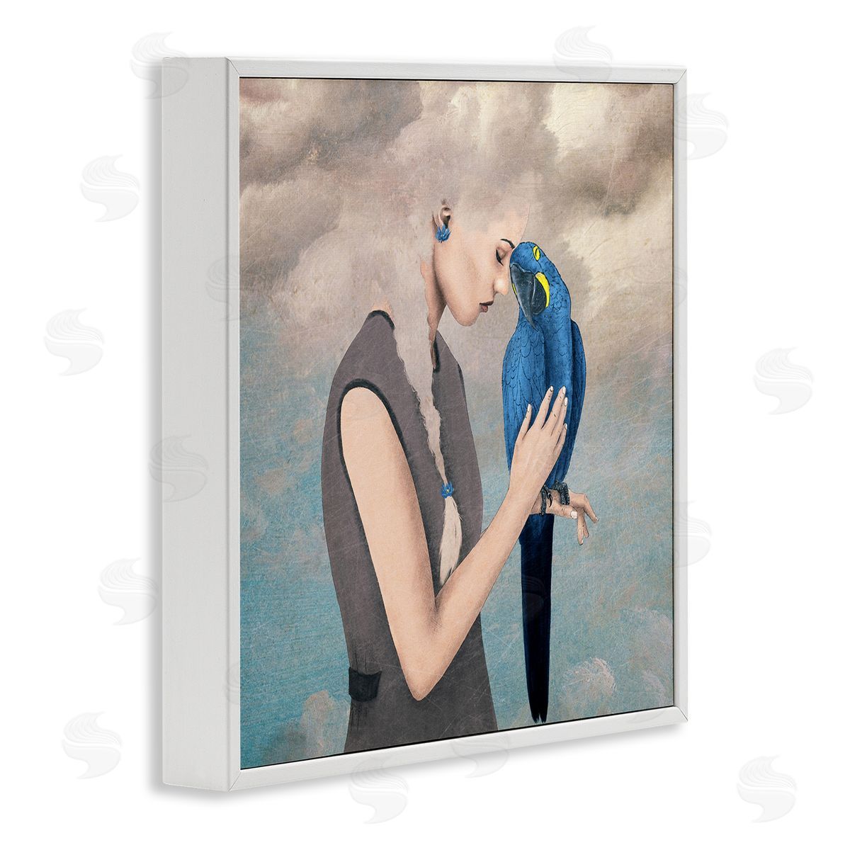 Paula Belle Flores Dreamy Cloud Hair Woman Vibrant Blue Parrot  White Framed Glicee Wall Art Print