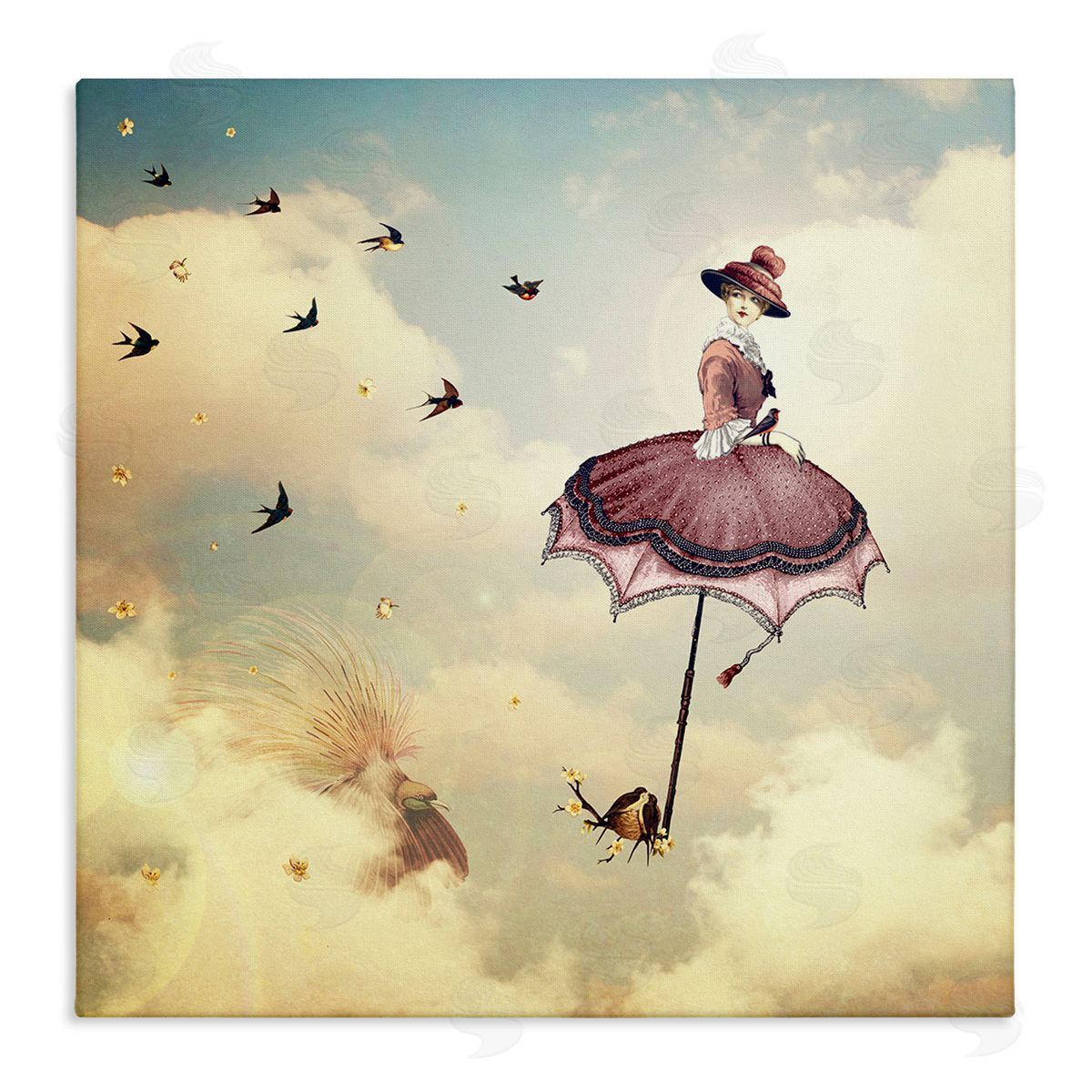 Paula Belle Flores Birds Flying Surreal Woman Clouds Fantasy Illustration Stretched Canvas Wall Art Print