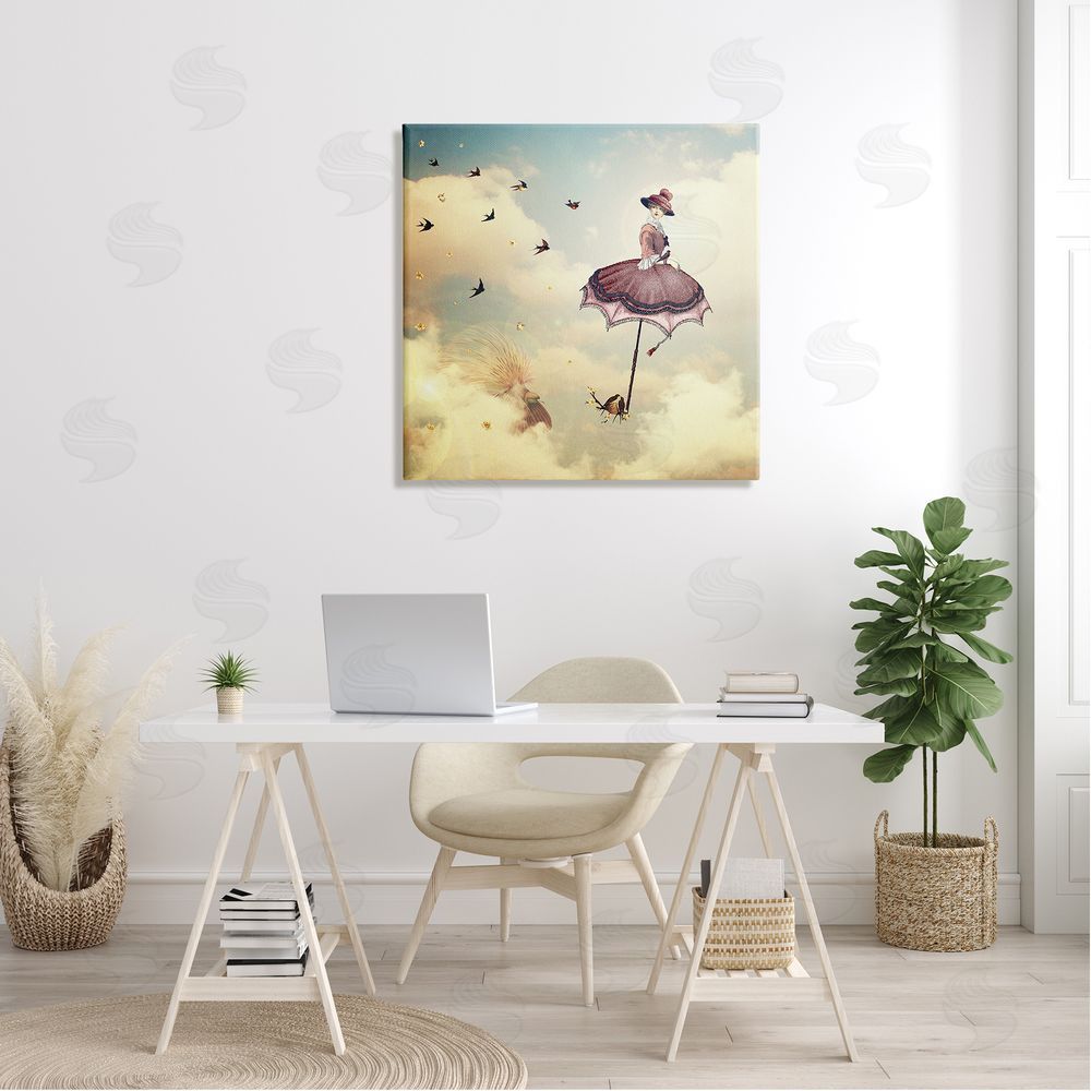 Paula Belle Flores Birds Flying Surreal Woman Clouds Fantasy Illustration Canvas Wall Art in Room