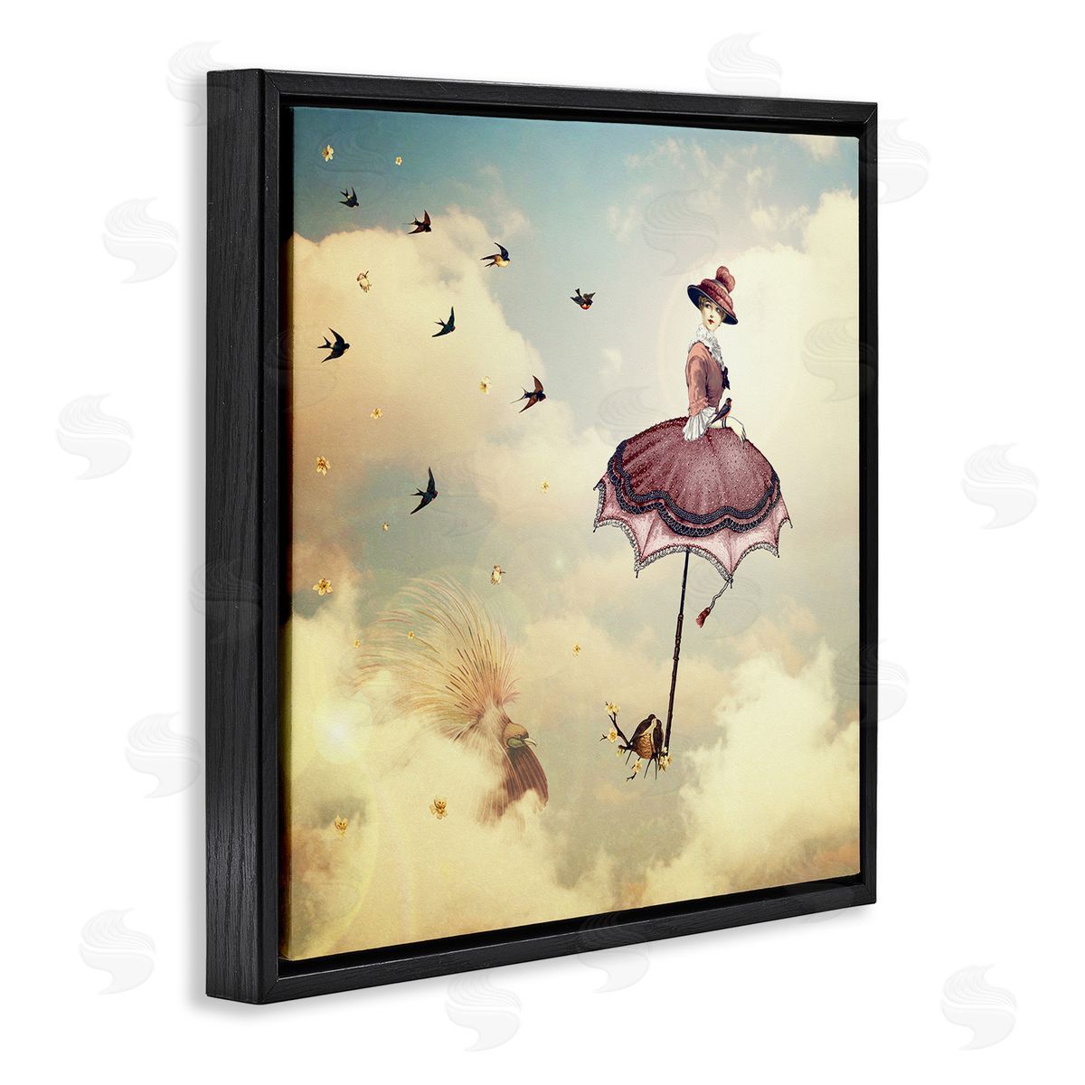 Paula Belle Flores Birds Flying Surreal Woman Clouds Fantasy Illustration Black Floating Frame Canvas Wall Art Print