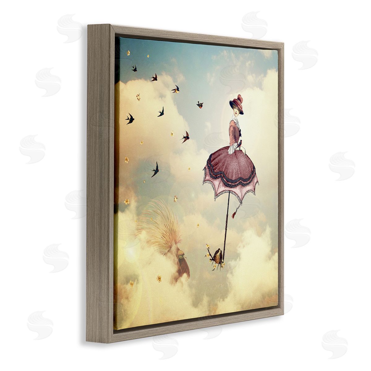 Paula Belle Flores Birds Flying Surreal Woman Clouds Fantasy Illustration Brown Floating Frame Canvas Wall Art Print