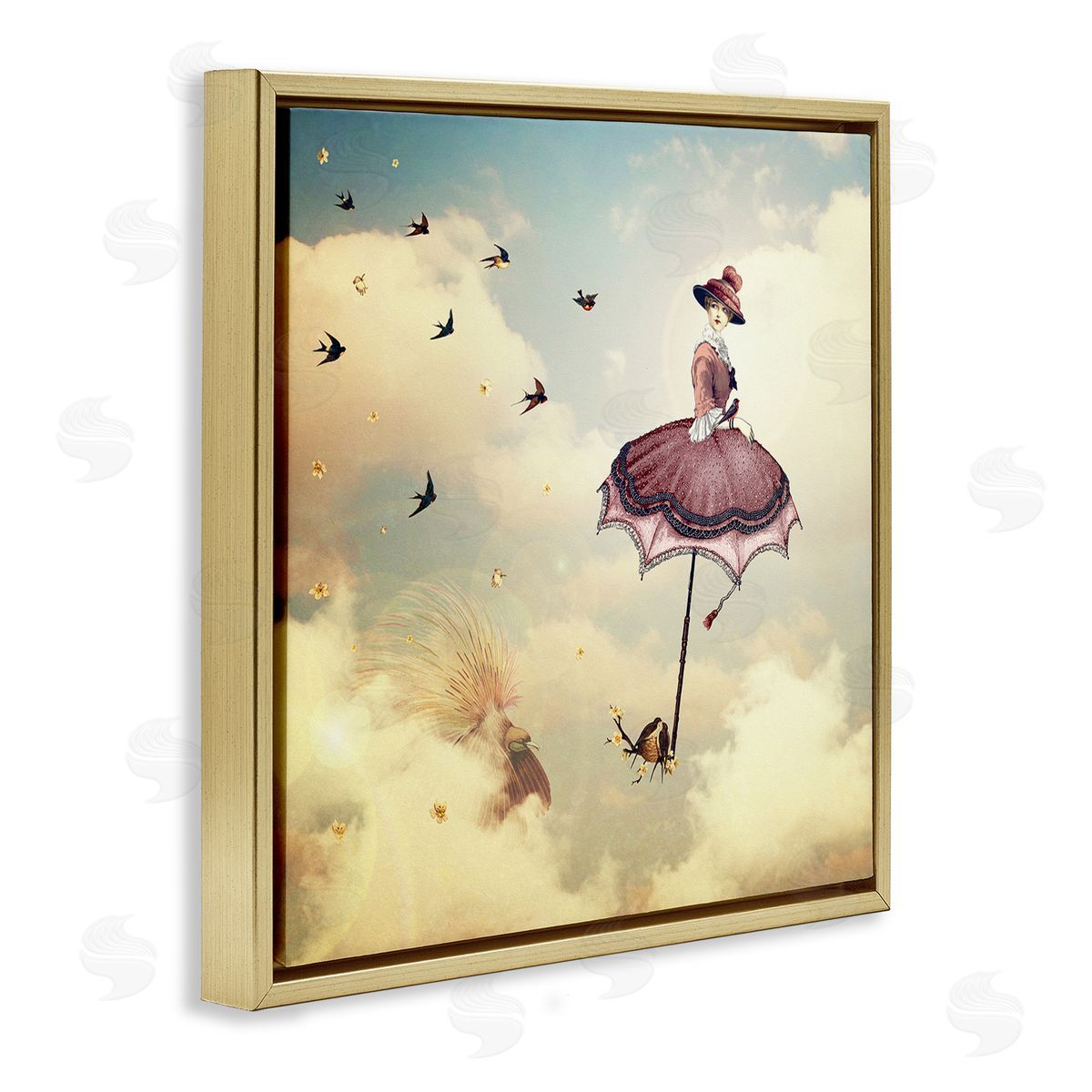 Paula Belle Flores Birds Flying Surreal Woman Clouds Fantasy Illustration Gold Floating Frame Canvas Wall Art Print