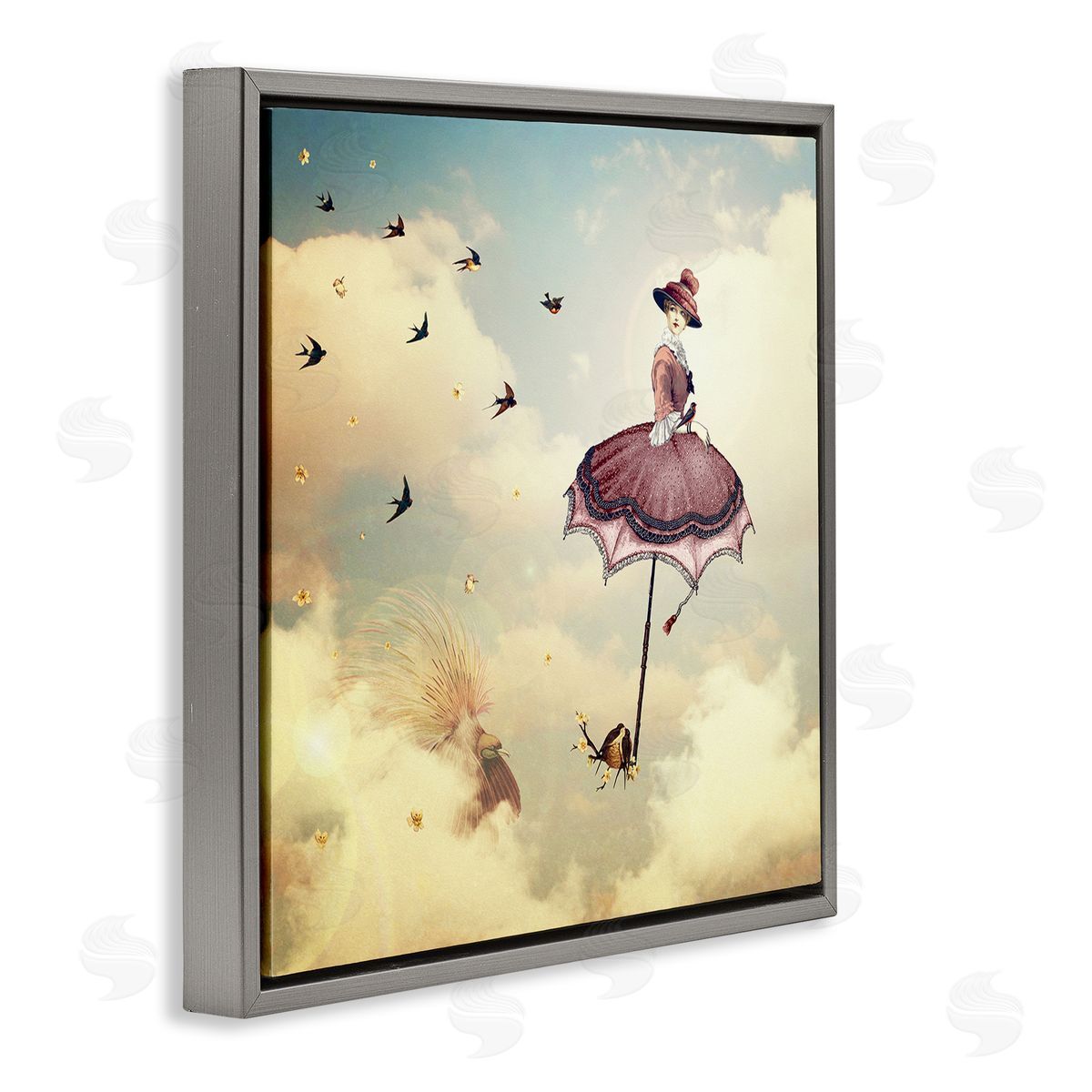 Paula Belle Flores Birds Flying Surreal Woman Clouds Fantasy Illustration Gray Floating Frame Canvas Wall Art Print