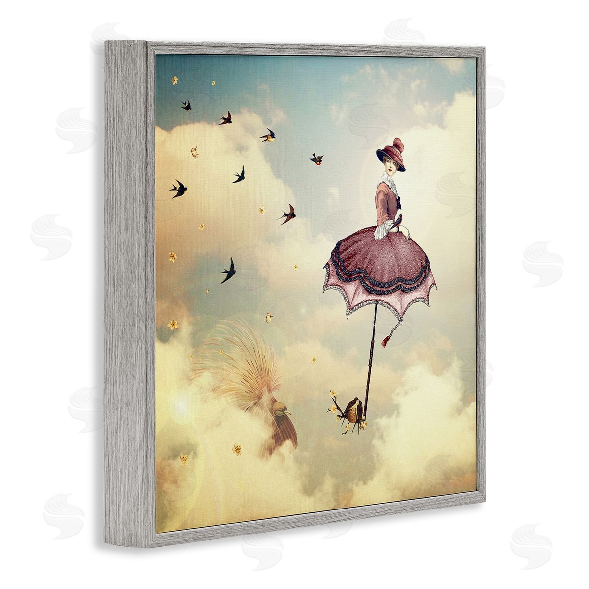 Paula Belle Flores Birds Flying Surreal Woman Clouds Fantasy Illustration Gray Framed Glicee Wall Art Print