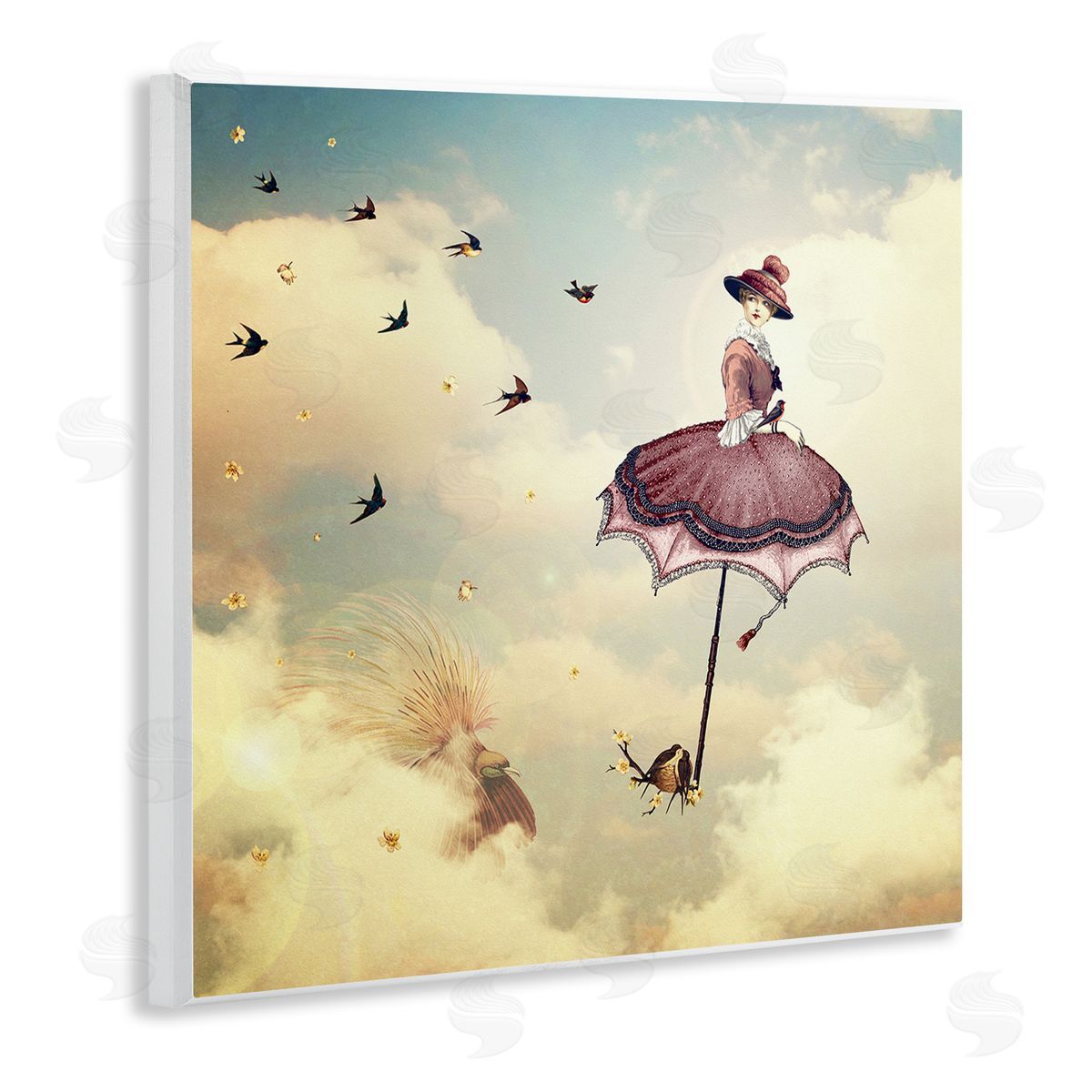 Paula Belle Flores Birds Flying Surreal Woman Clouds Fantasy Illustration Wooden Wall Plaque Art Print