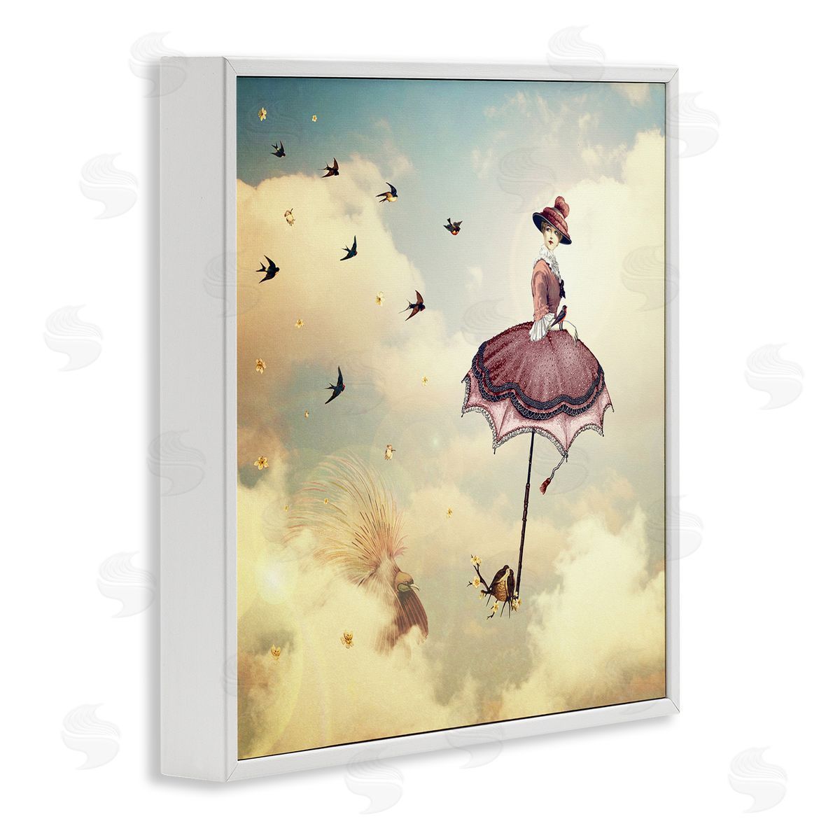 Paula Belle Flores Birds Flying Surreal Woman Clouds Fantasy Illustration White Framed Glicee Wall Art Print