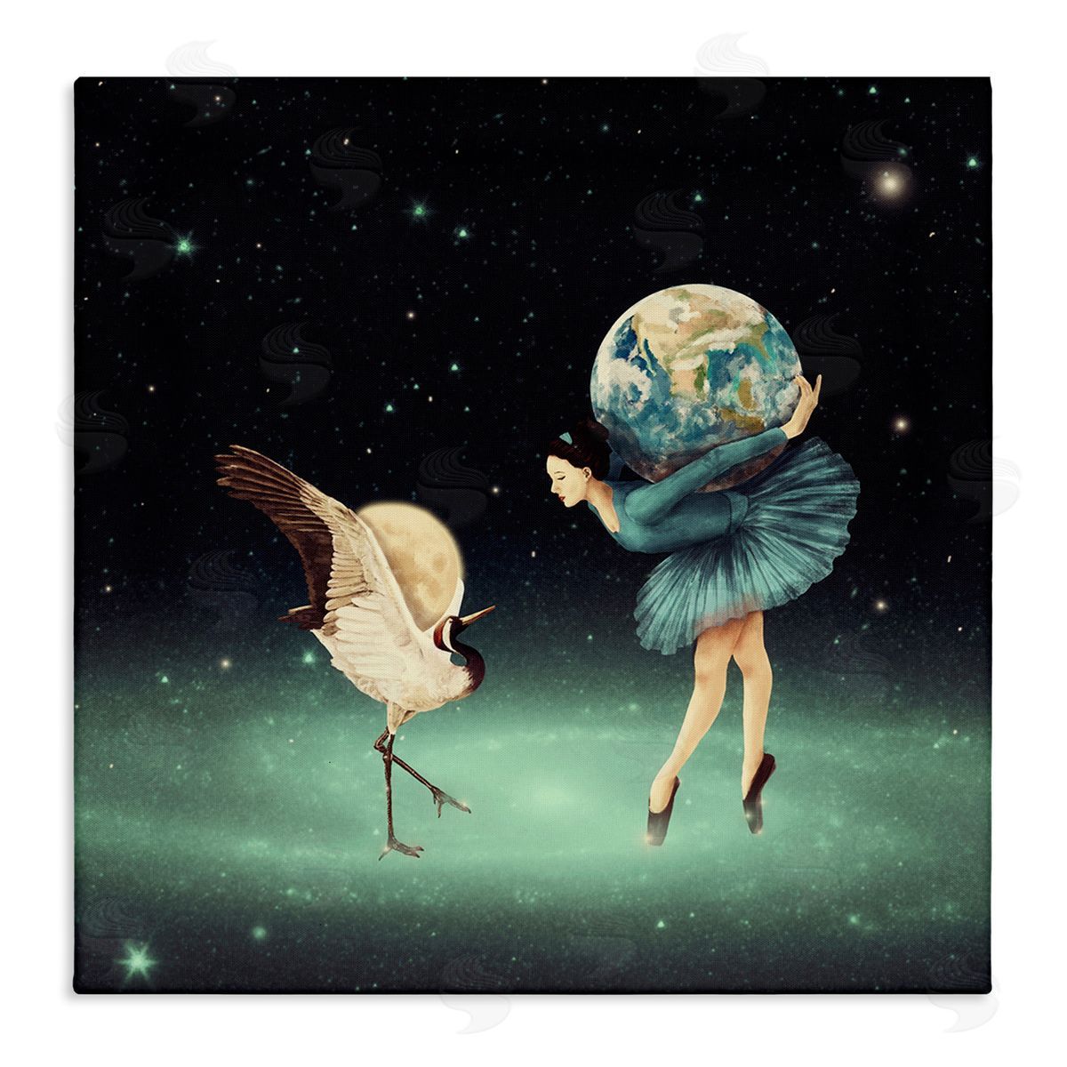 Paula Belle Flores Crane Bird Ballerina Holding Earth Moon Starry Nebula  Stretched Canvas Wall Art Print