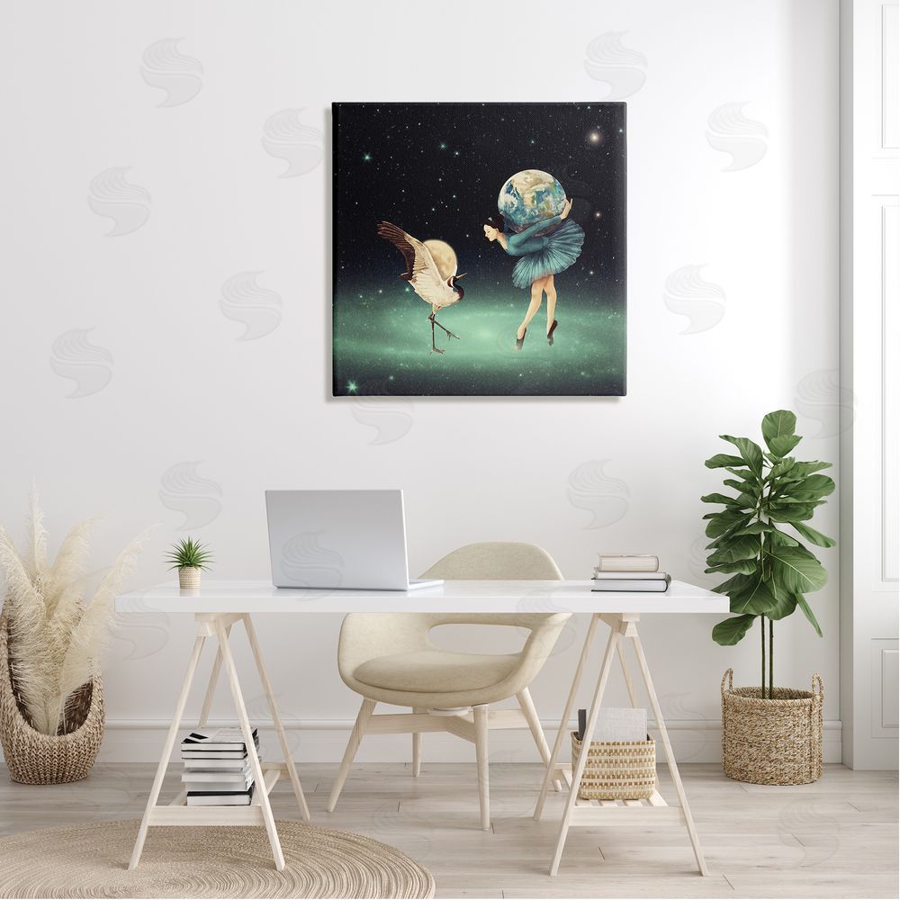 Paula Belle Flores Crane Bird Ballerina Holding Earth Moon Starry Nebula  Canvas Wall Art in Room