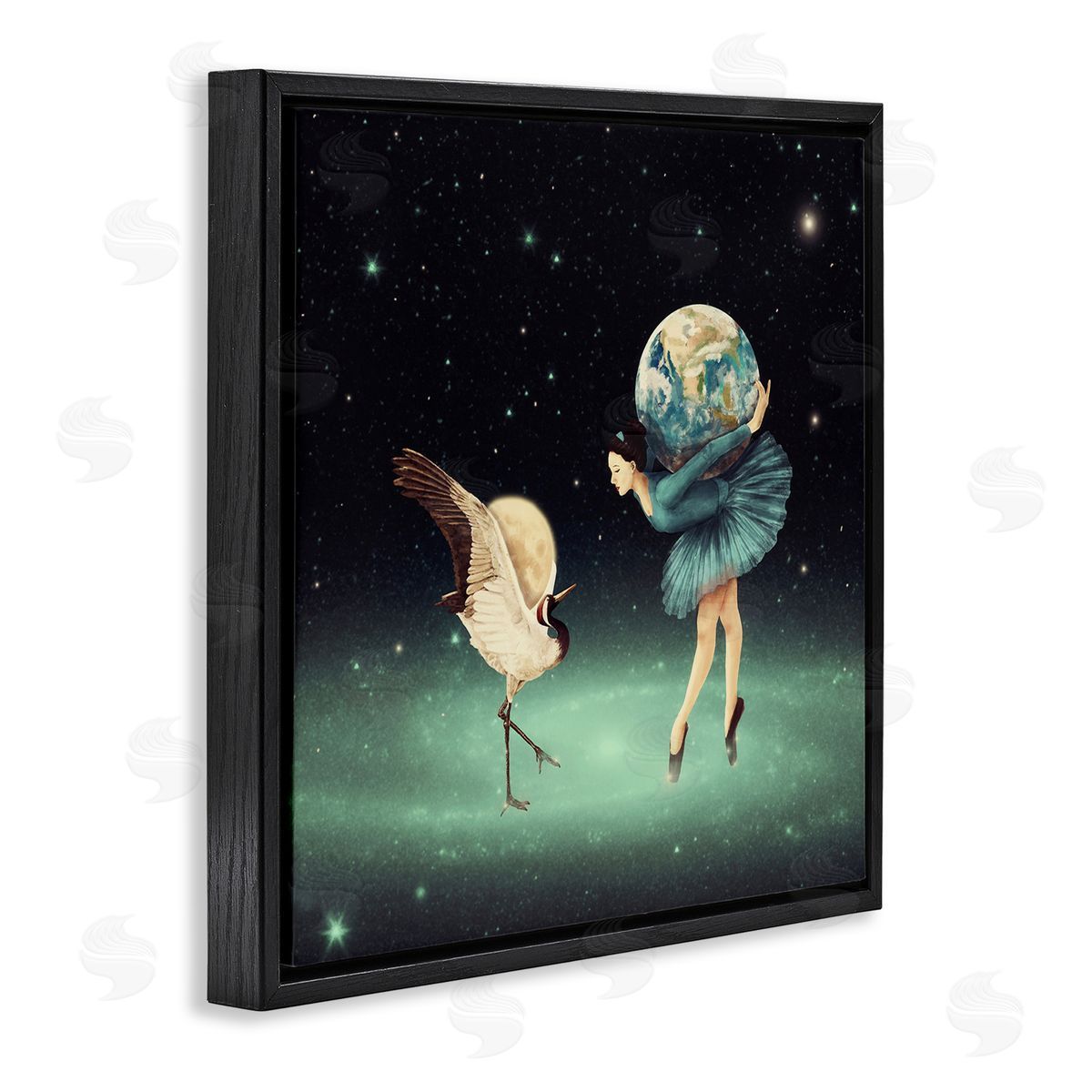 Paula Belle Flores Crane Bird Ballerina Holding Earth Moon Starry Nebula  Black Floating Frame Canvas Wall Art Print