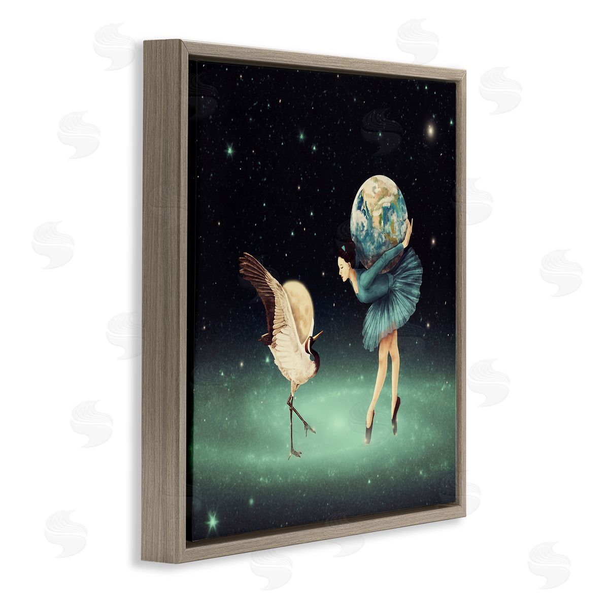 Paula Belle Flores Crane Bird Ballerina Holding Earth Moon Starry Nebula  Brown Floating Frame Canvas Wall Art Print