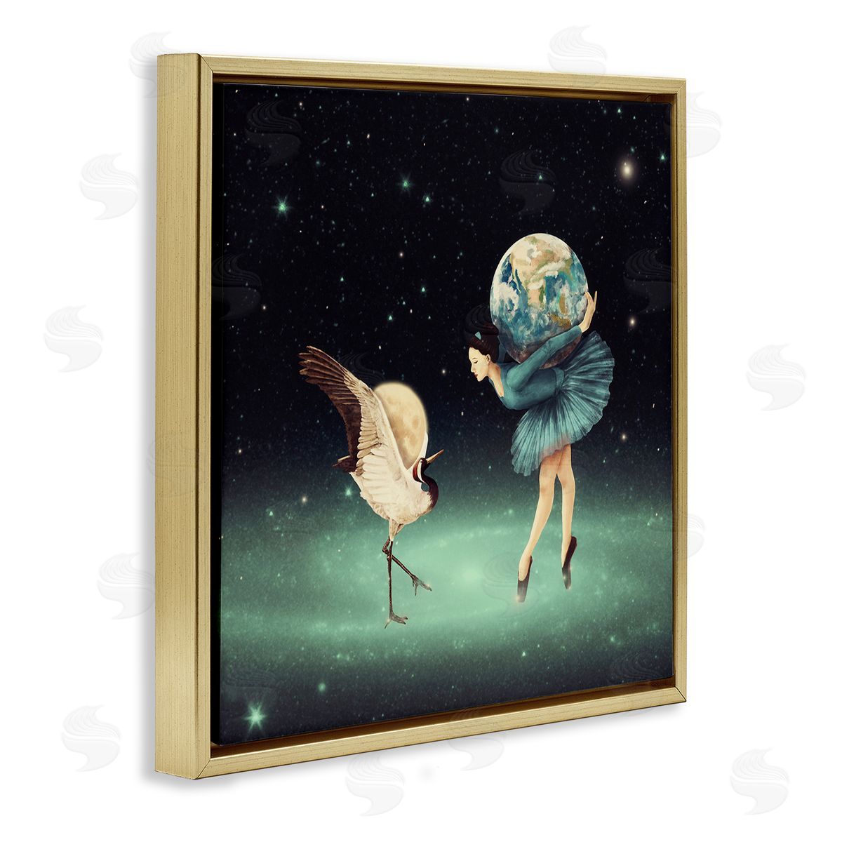 Paula Belle Flores Crane Bird Ballerina Holding Earth Moon Starry Nebula  Gold Floating Frame Canvas Wall Art Print