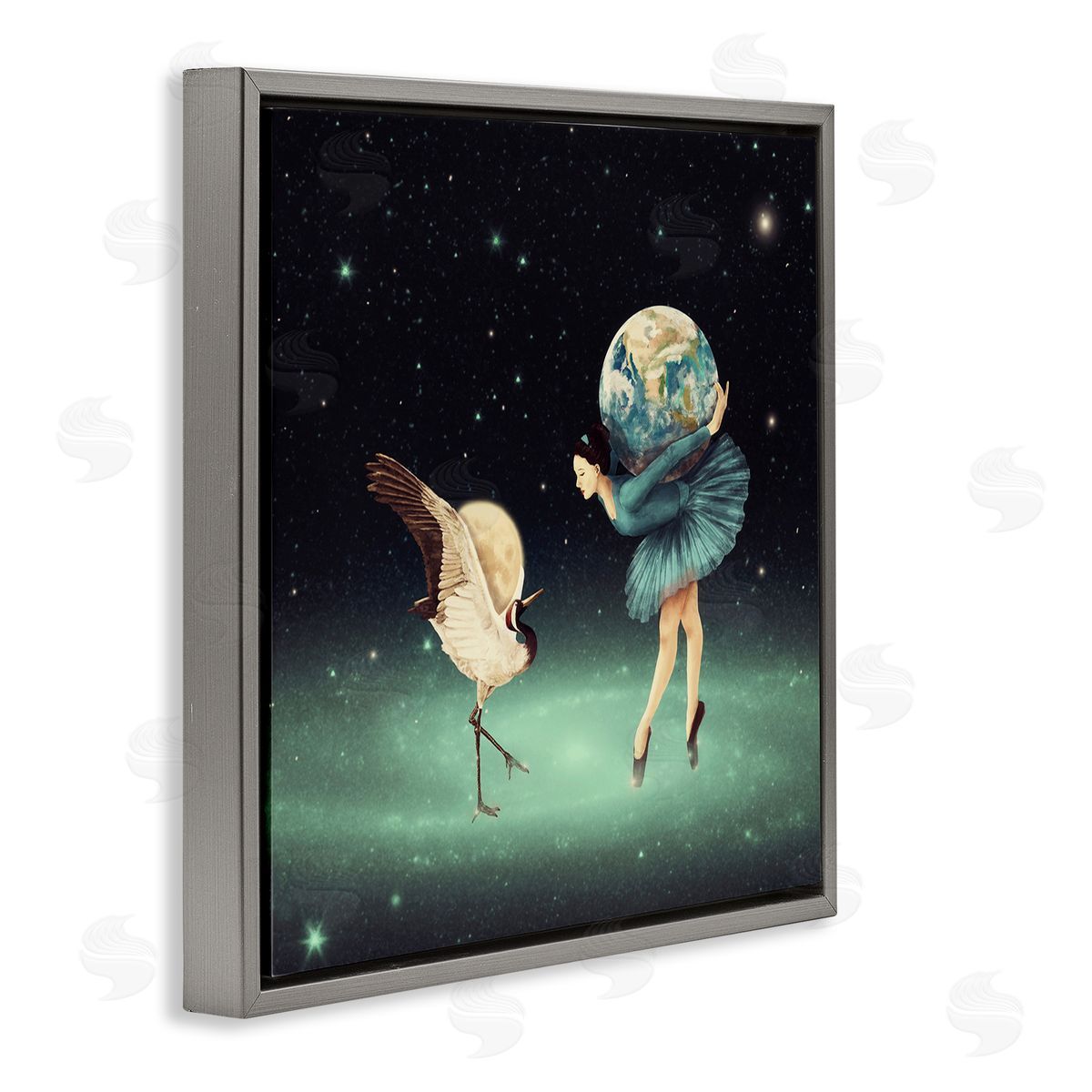 Paula Belle Flores Crane Bird Ballerina Holding Earth Moon Starry Nebula  Gray Floating Frame Canvas Wall Art Print