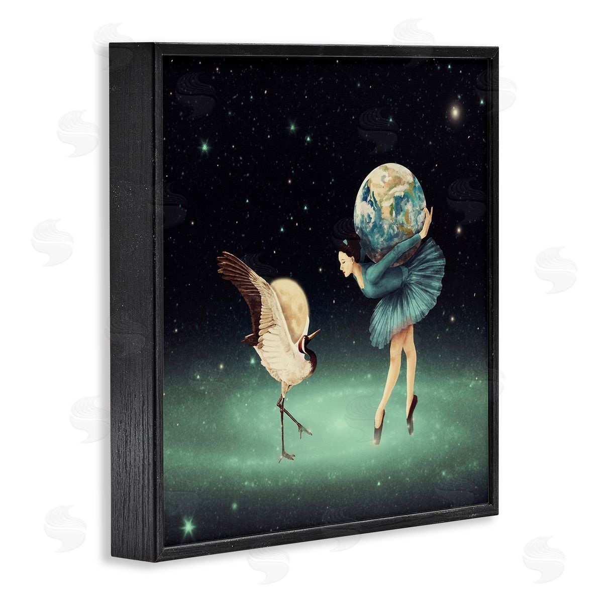 Paula Belle Flores Crane Bird Ballerina Holding Earth Moon Starry Nebula  Black Framed Glicee Wall Art Print