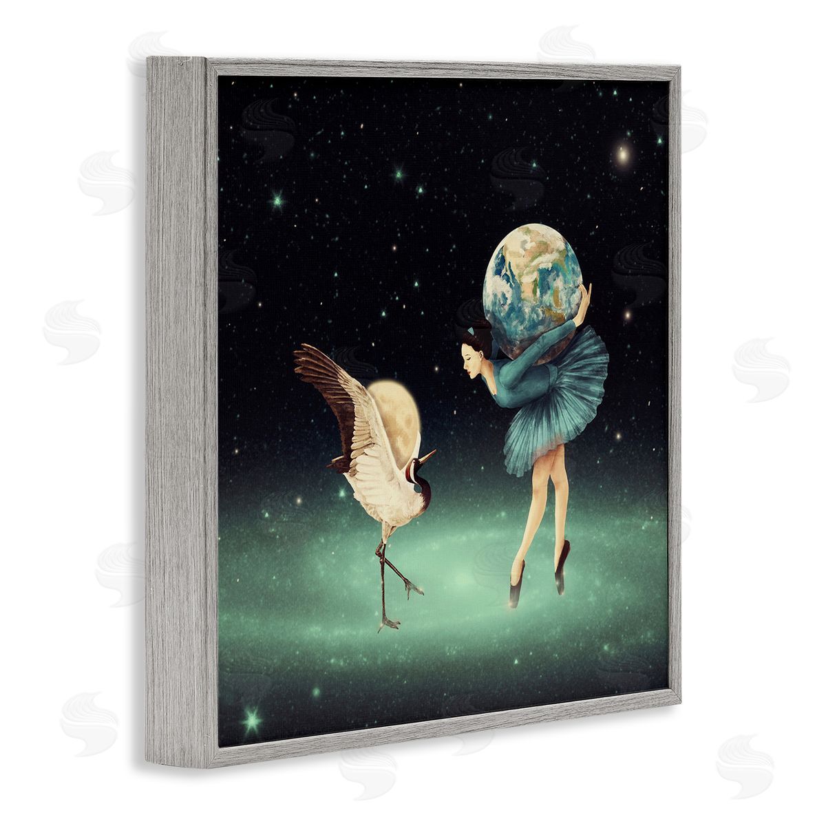 Paula Belle Flores Crane Bird Ballerina Holding Earth Moon Starry Nebula  Gray Framed Glicee Wall Art Print